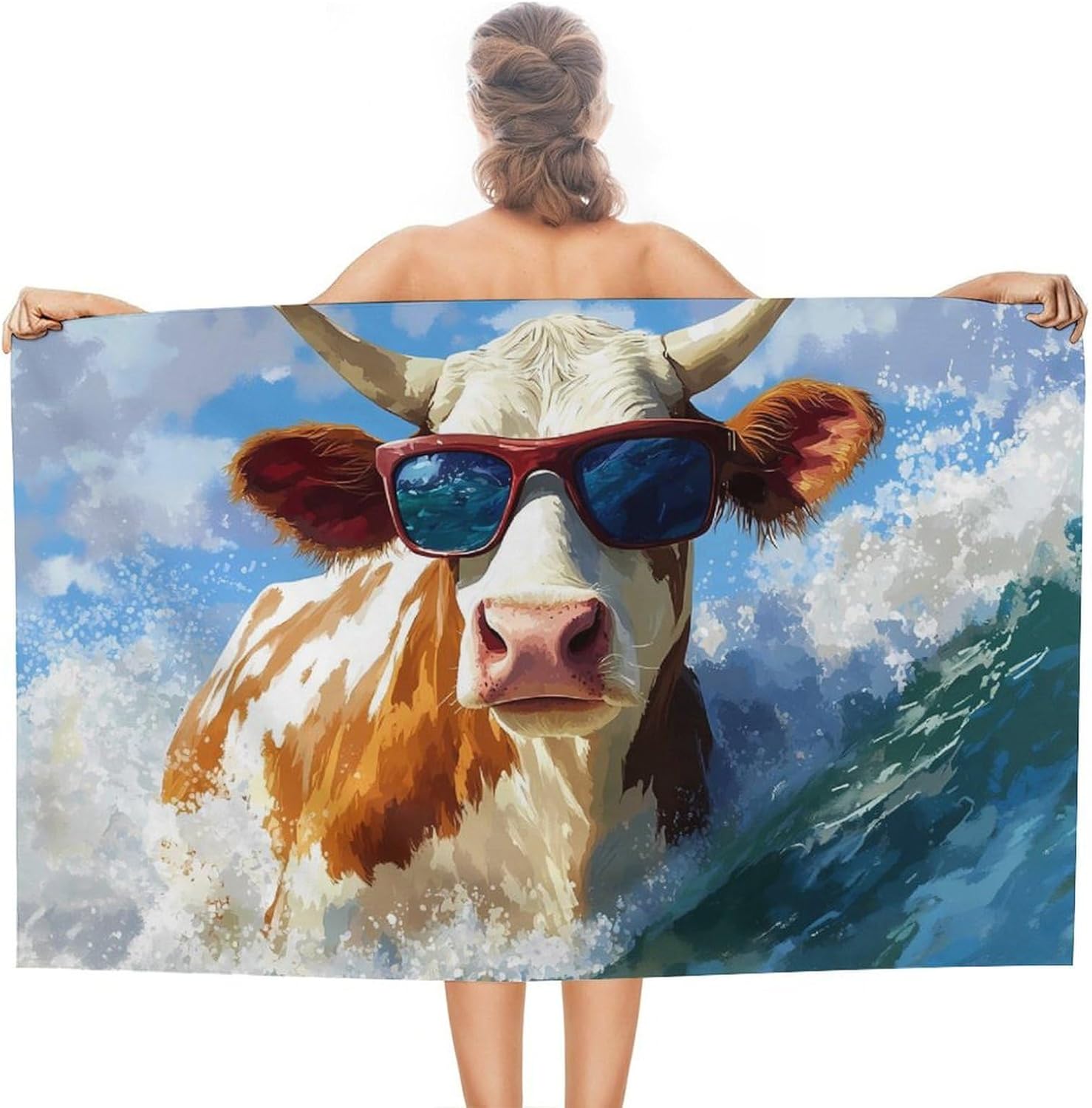 Surfing Cow Waves Oversized Beach Towel Soft Absorbent Pool Bath Swim Towels for Adults Travel Vacation Gifts 130x80cm