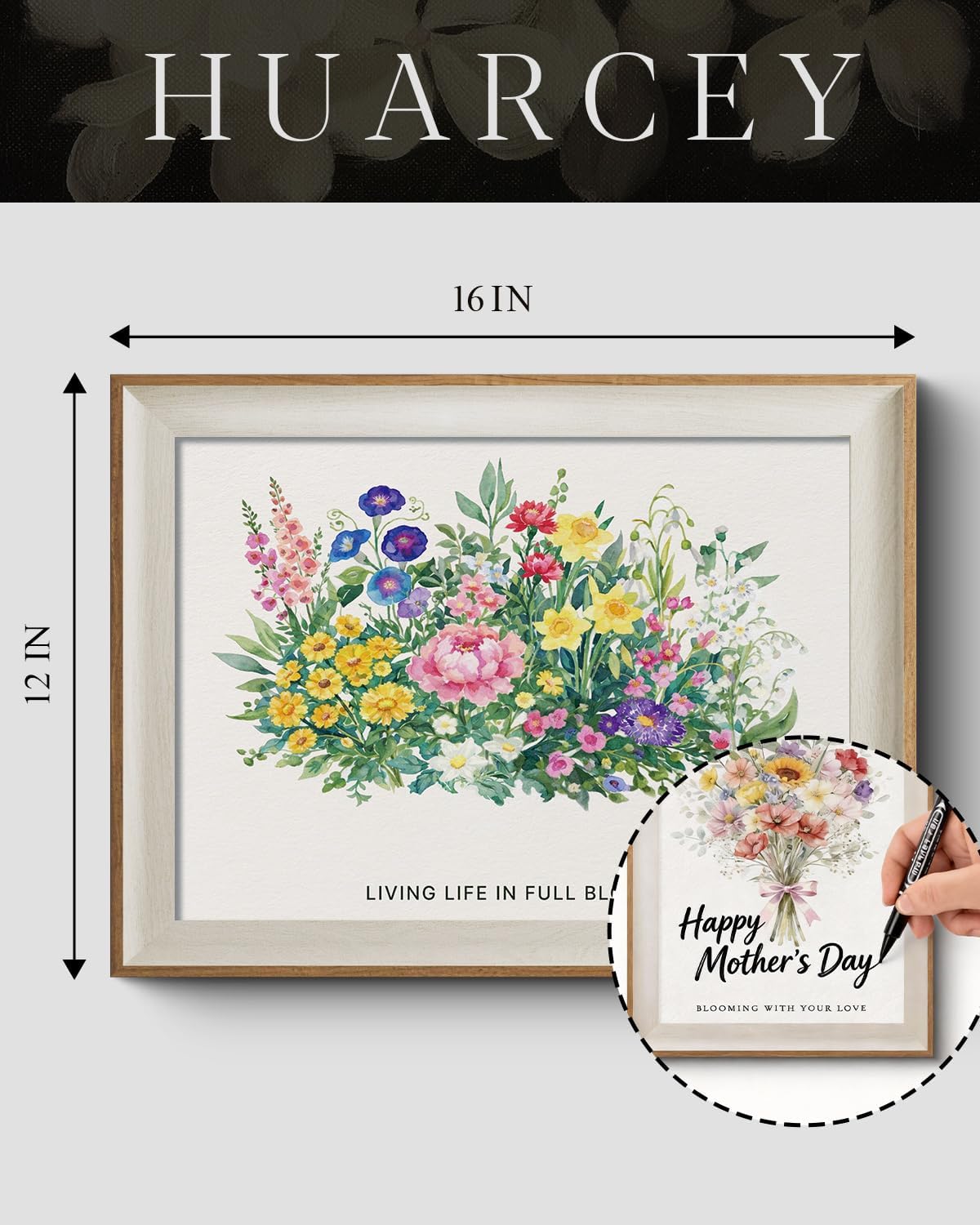 HUARCEY Framed Flower Wall Art Handwritten Personalized Mother's Day Canvas Picture Decor Meaningful DIY Sweet Quote Keepsake for Mom or Grandma Birthday Valentine's Day Thank You Gift 12x16 inch