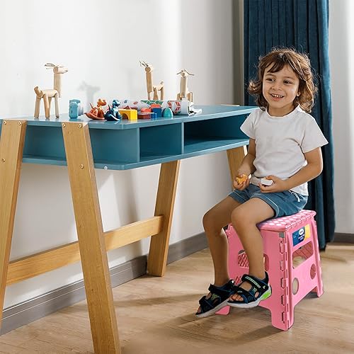 Miniatura 123 de Korpai Taburete plegable mejorado de 9 pulgadas para adultos y niños con capacidad para hasta 300 libras, taburetes plegables antideslizantes con