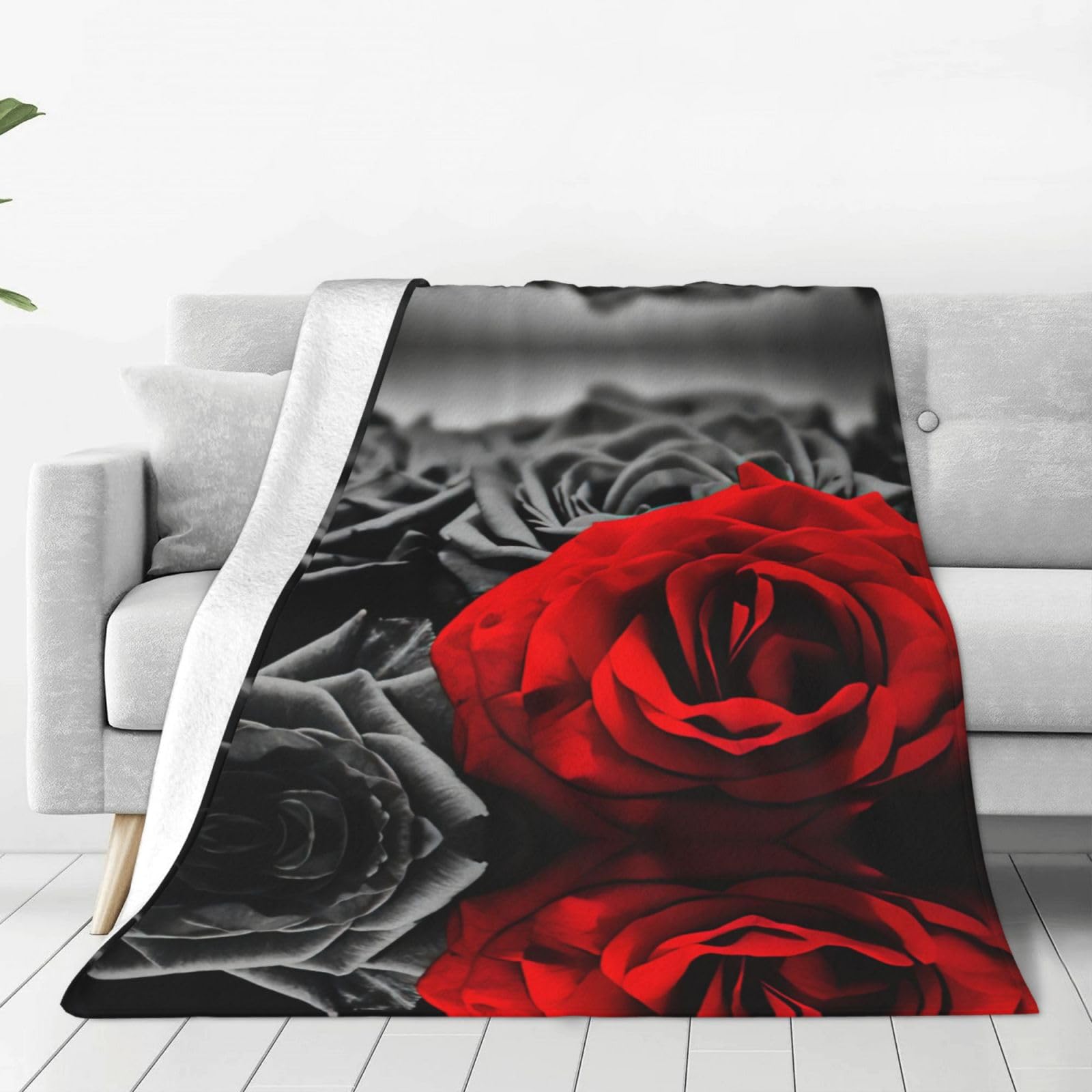 Couverture polaire légère motif roses noires et rouges pour lit et canapé