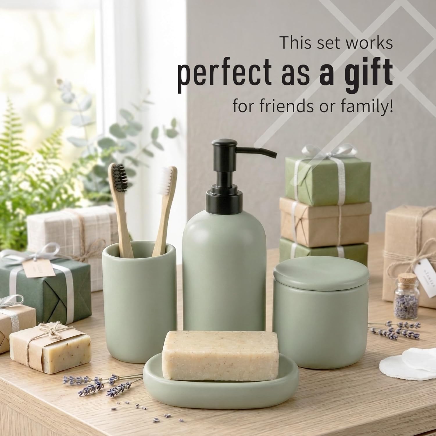 Ceramic Bathroom Accessories Set 4 Pcs – Modern Scandinavian Neutral Bathroom Soap Dispenser Set with Toothbrush Holder, Soap Dish & Cup – Minimalist Bathroom Accessory Set Decor - Sage Green