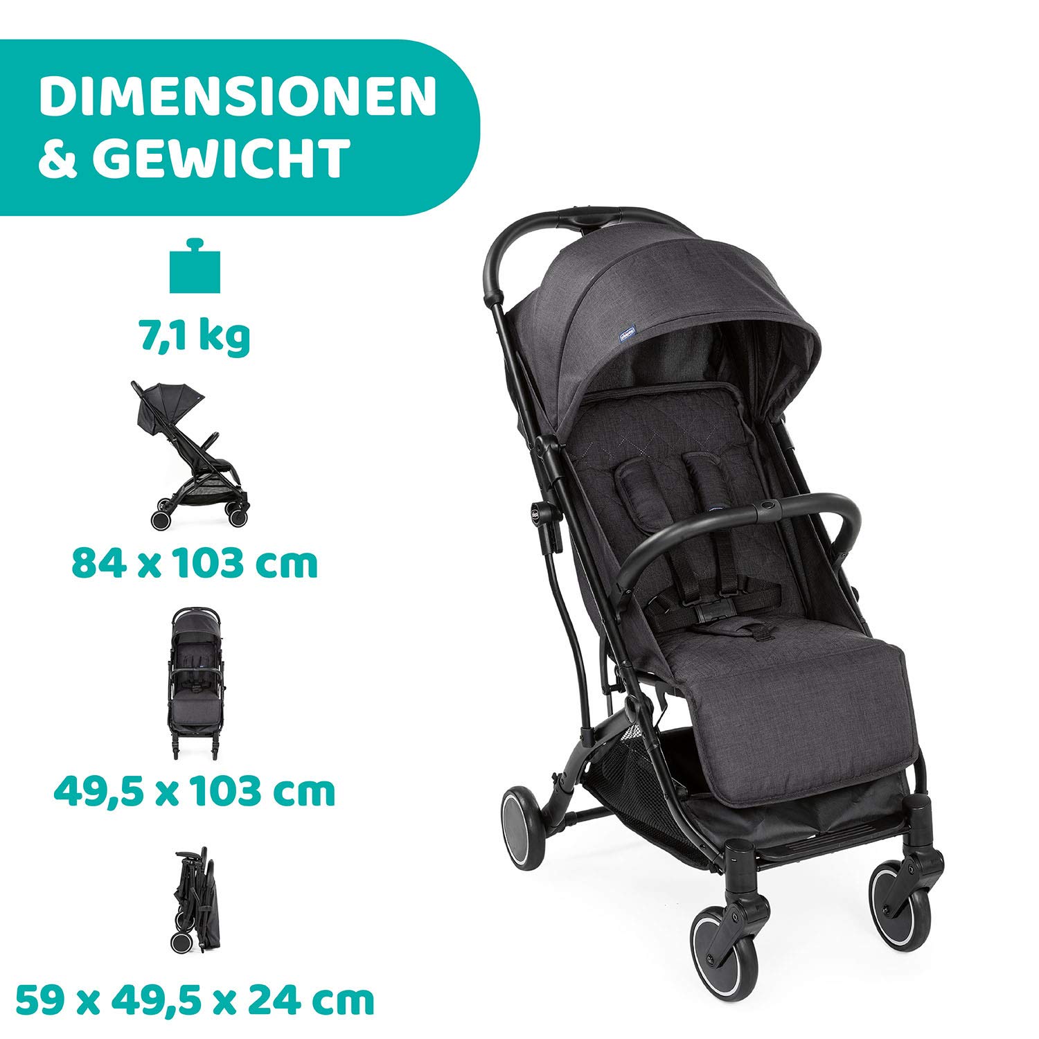 Chicco Trolley me Buggy Einhand-Schließmechanismus Tragegriff Regenschutz schwarz ab Geburt bis 15 kg