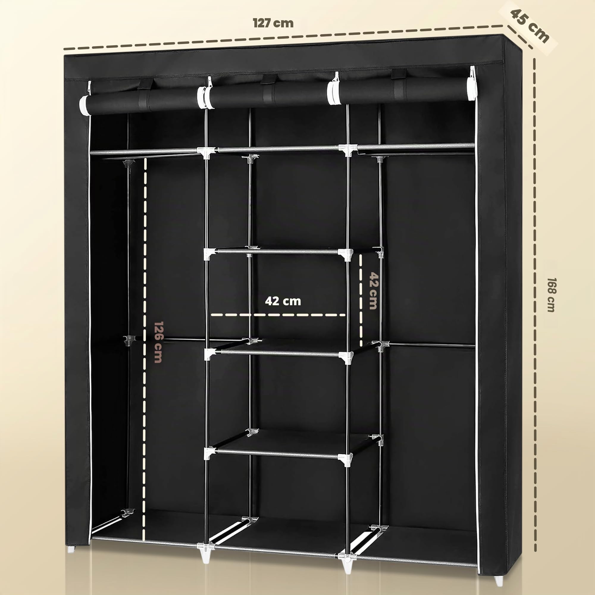 JUPPLIES Armoire en Tissu Portative 45x130x167 cm | Dressing Pliable avec Penderie, Étagères et Poches Latérales | Armoire de Rangement Chambre Adulte Facile à Monter