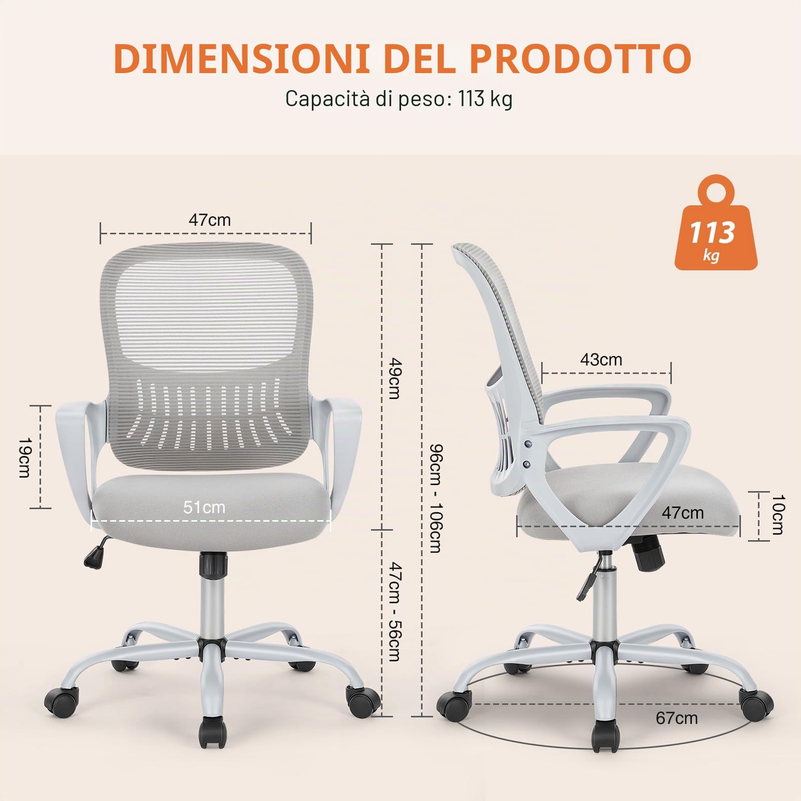 Sweetcrispy Bürostuhl Ergonomisch scrivania con Supporto Lombare, braccioli Regolabili, Sedia Girevole, Adatta per Ufficio e Camera da Letto (Nero), Metallo, Grigio, Fester Handlauf