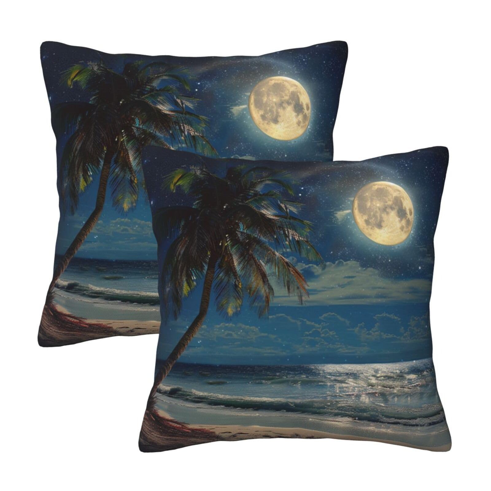 Tropical Beach Palm Tree with Moon Throw Pillow Cases 2 Pack Square Pillowcases Soft Pillow Protectors for Couch Livingroom Sofa Bed Office Car,30x30 CM