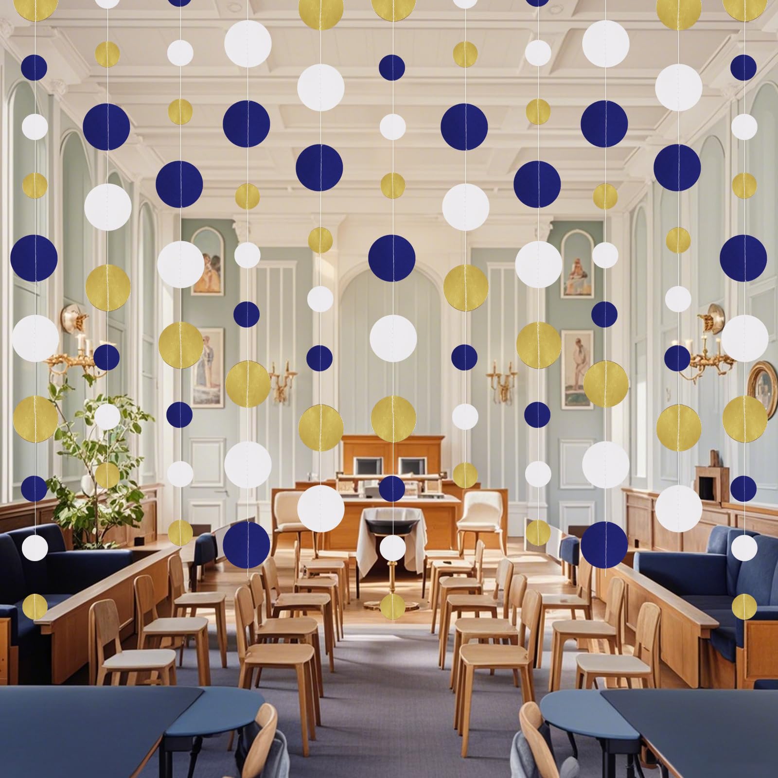 15,8 m, marineblau, weißgold, Party-Dekorationen, Kreise, Punkte, Girlande, Königsblau, Weiß, Gold, Punkte, Luftschlangen für Abschlussfeier, Geburtstag, Hochzeit, Brautparty, Babyparty,