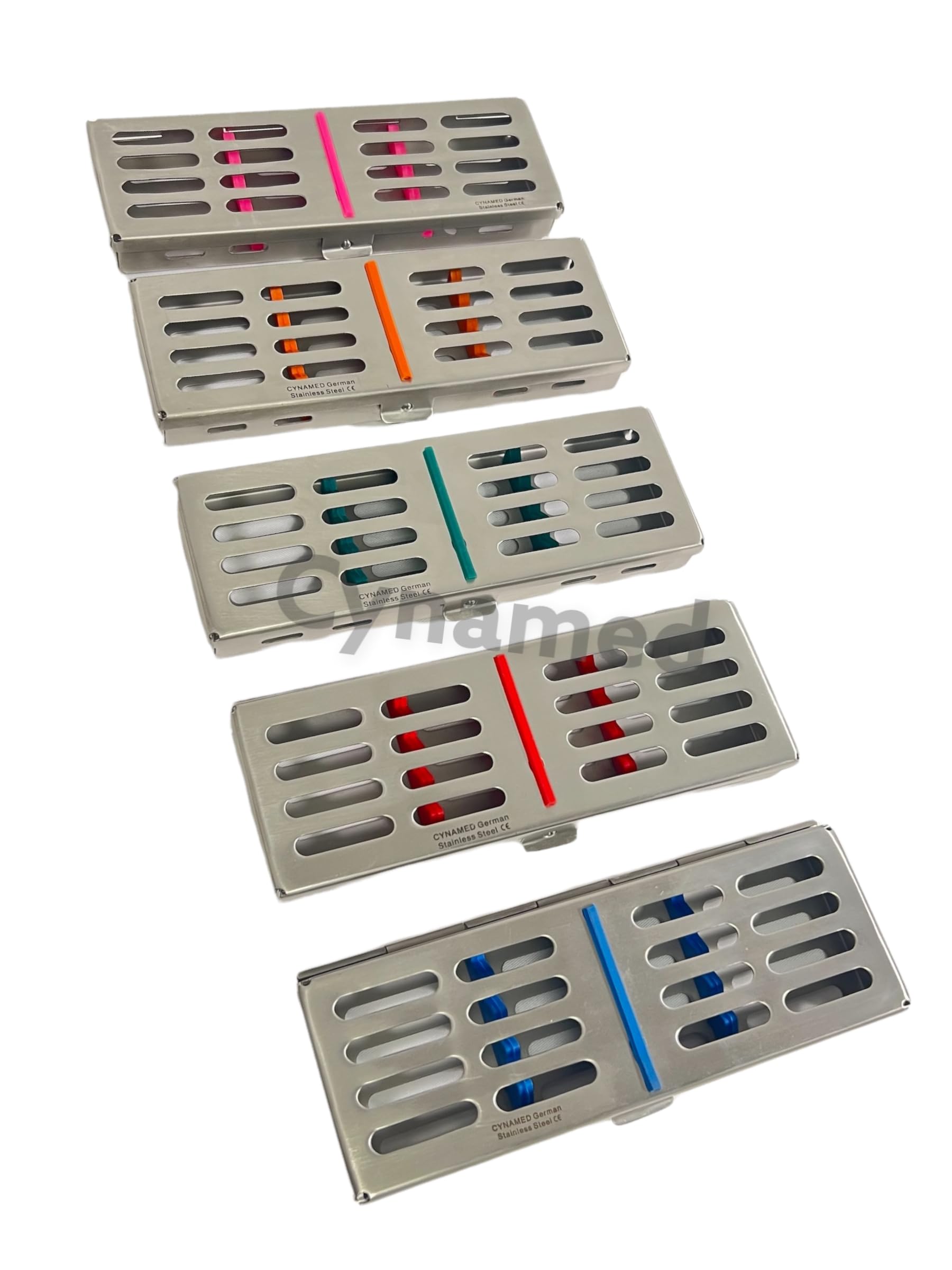 5 Pack | Sterilization Box for 5 Instruments with Silicone Inserts | Blue, Green, Orange, Pink, Red | German Stainless Steel Autoclave Box | for Dental Instruments Sterilization