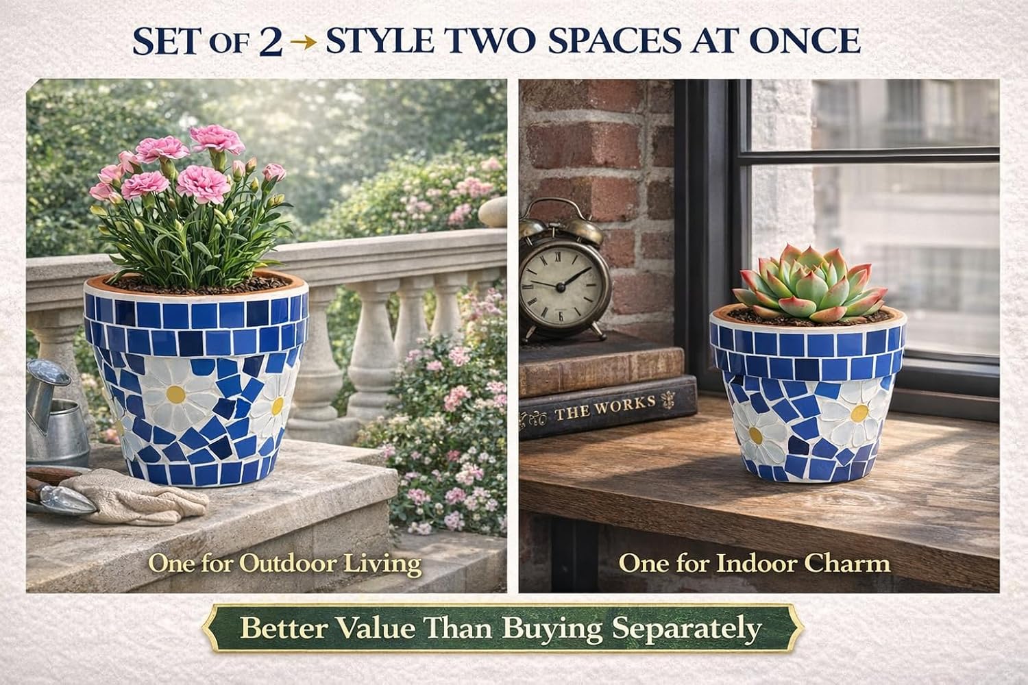 Mosaic Terracotta Planter Set (2 Pack), Handmade Glass Mosaic Terracotta Flower Pots with Drainage Plug, Blue and White Daisy Design, Decorative Planters for Indoor & Outdoor Use, Windowsill, Balcony
