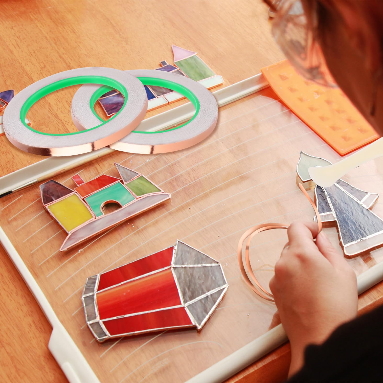 Ruban Adhésif En Feuille De Cuivre 7/32 Pouces Pour Vitraux, 3 Rouleaux De 55 Mètres De Long Avec Grattoirs Et Brosses~p144603480