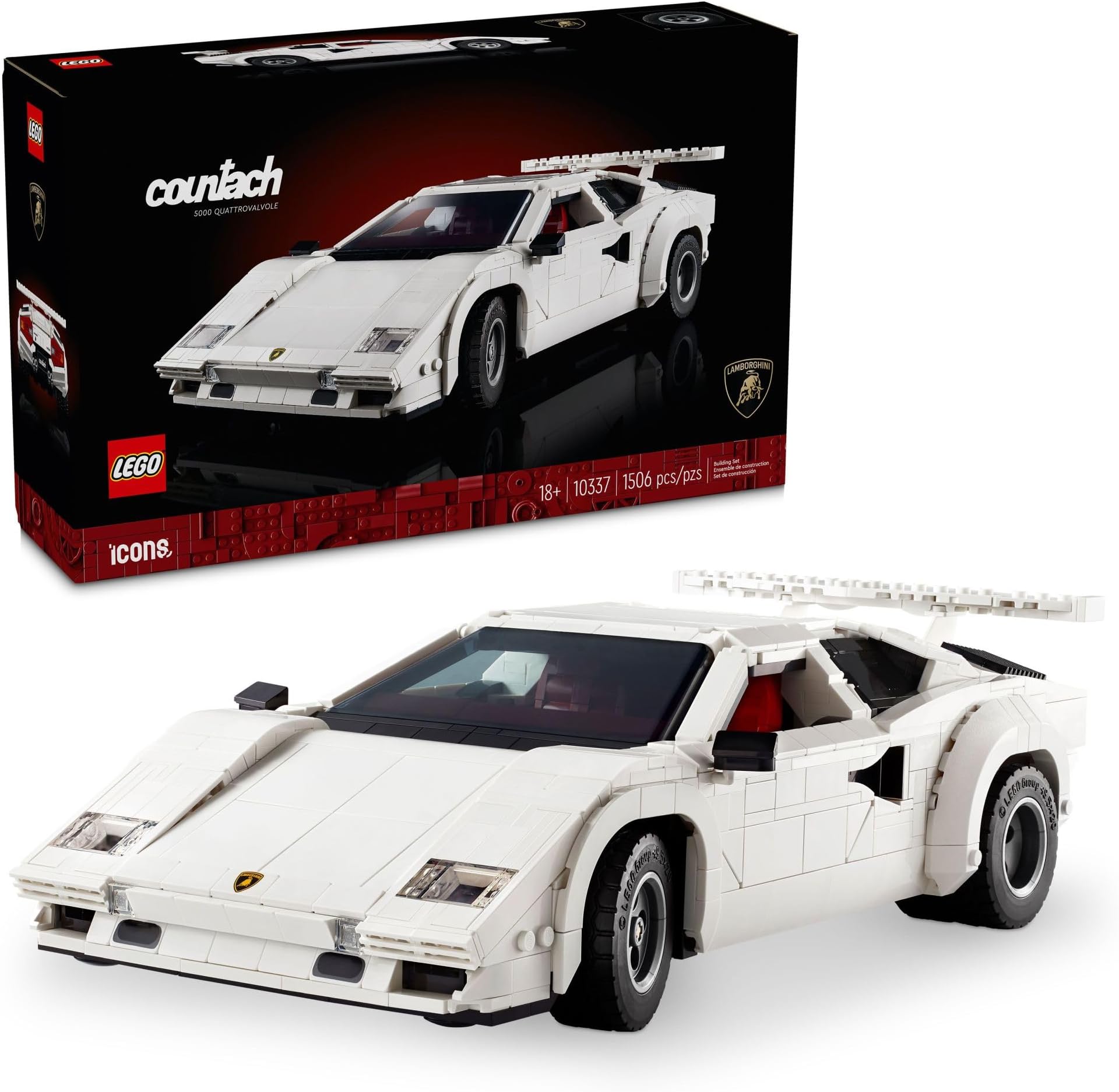 Icons Lamborghini Countach 5000 Quattrovalvole Model Car Gift for Adults, Collectible Vehicle Building Set, Scissor Doors, Trunk, Rear Hood and Detailed V12 Engine 10337