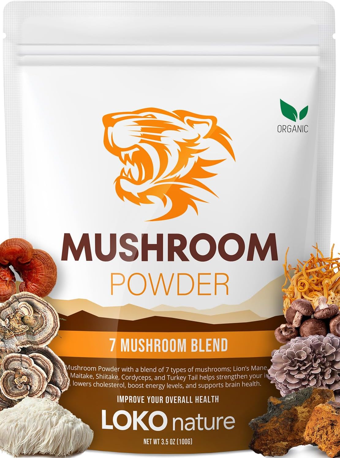Tiger 7 Mushroom Extract Powder – Organic Superfood Mushroom Powder, Antioxidants, Immune System Booster, Brain Health, Powerful Natural Ingredients, Vegan, Dairy Free, Non-GMO, 3.5oz (100g)