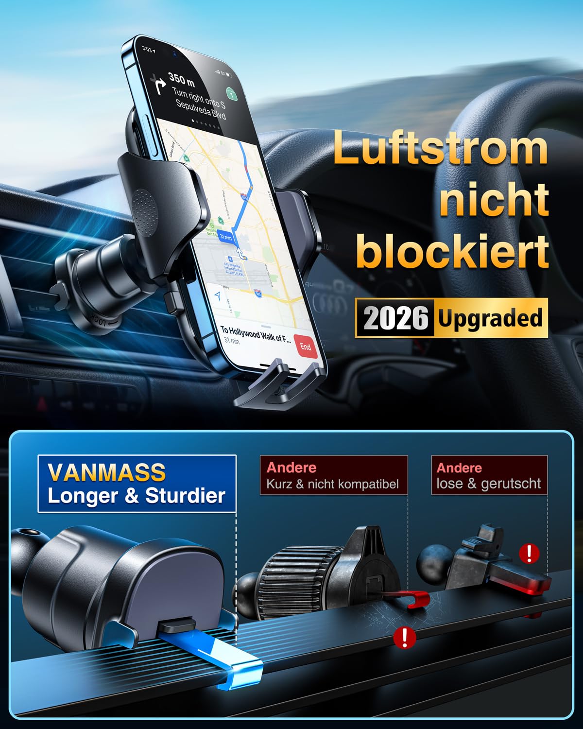 VANMASS 2026【Militär-Klasse】Handyhalterung Auto Upgrade【Stärkste Saugnapf & Lüftungshaken】4 in 1 Handy Halterung Auto 360° Drehbar Handyhalter Auto Armaturenbrett Scheibe Wand für iPhone Samsung usw