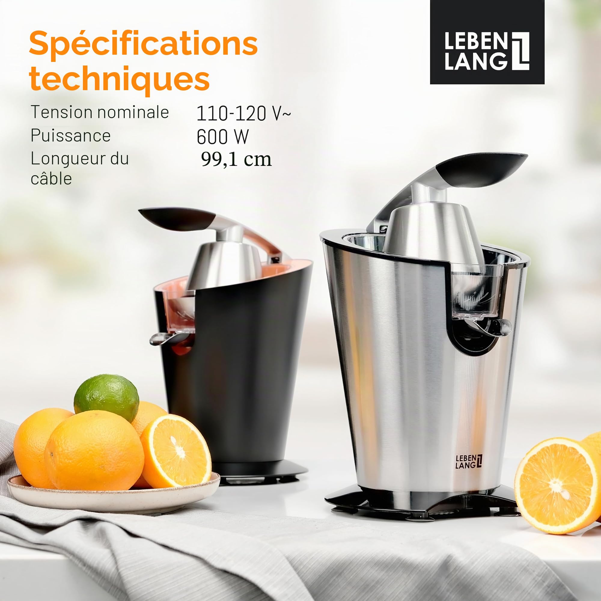 LEBENLANG Presse agrume electrique 600W - Cône en acier inoxydable & sans BPA I Presse-agrumes électriques I Juicer orange machine Presseur agrumes electriques Jus de fruit d'orange automatique