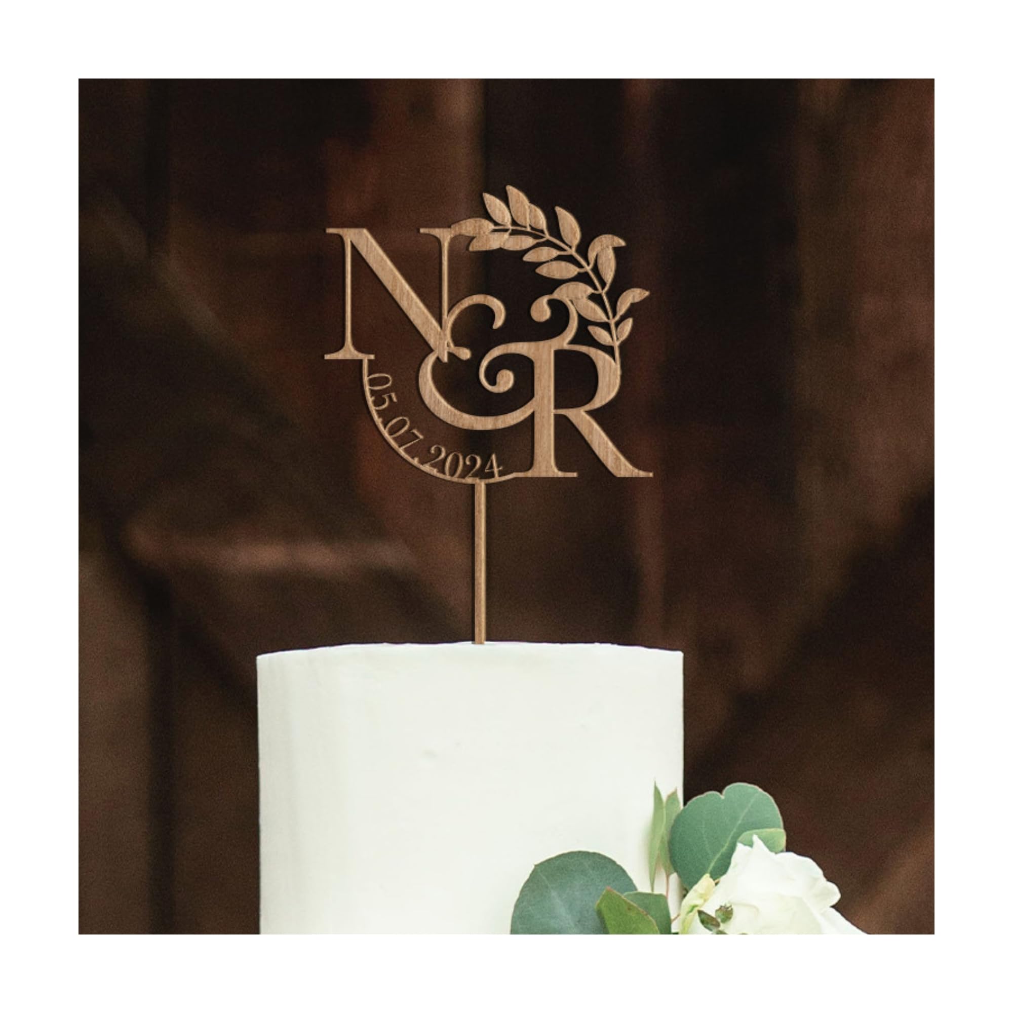 Pomchick - Wooden Wedding or Engagement Cake Topper with a Date and Initials Anniversary Personalised Custom Engagement Wood Decor Bridal Shower