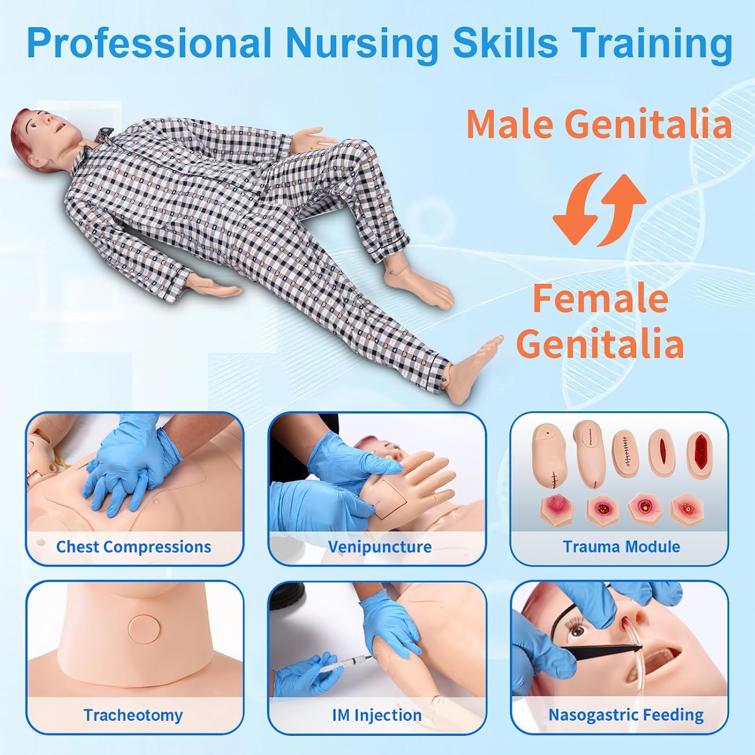 Manichino infermieristico per la formazione delle abilità di cura del paziente, modello multifunzionale con 4 moduli di cura del decubito e 8 moduli traumatologici avanzati per l'educazione medica