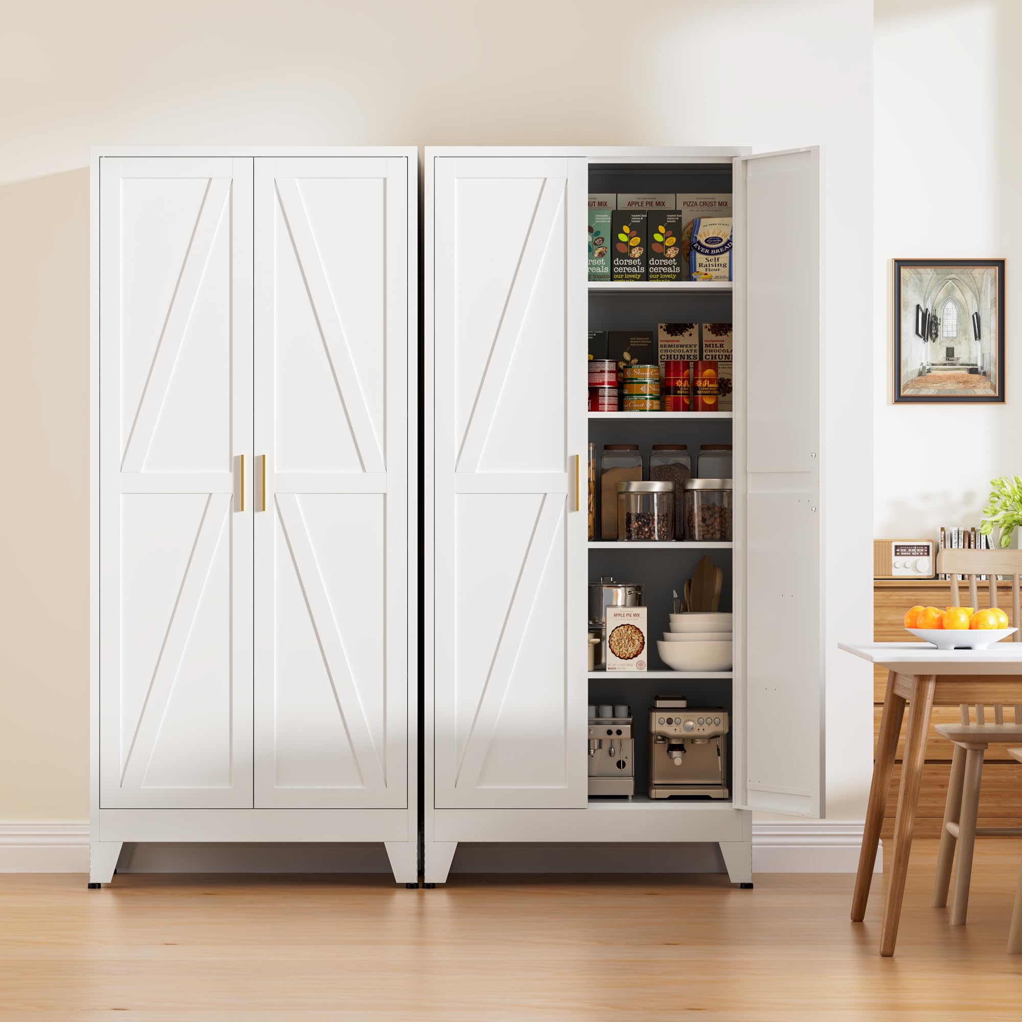 XIOMIOHTRQ 71" Tall Metal Pantry Cabinet, Kitchen Storage Cabinet with 2 Doors and 4 Adjustable Shelves for Kitchen, Living Room, Dining Room,