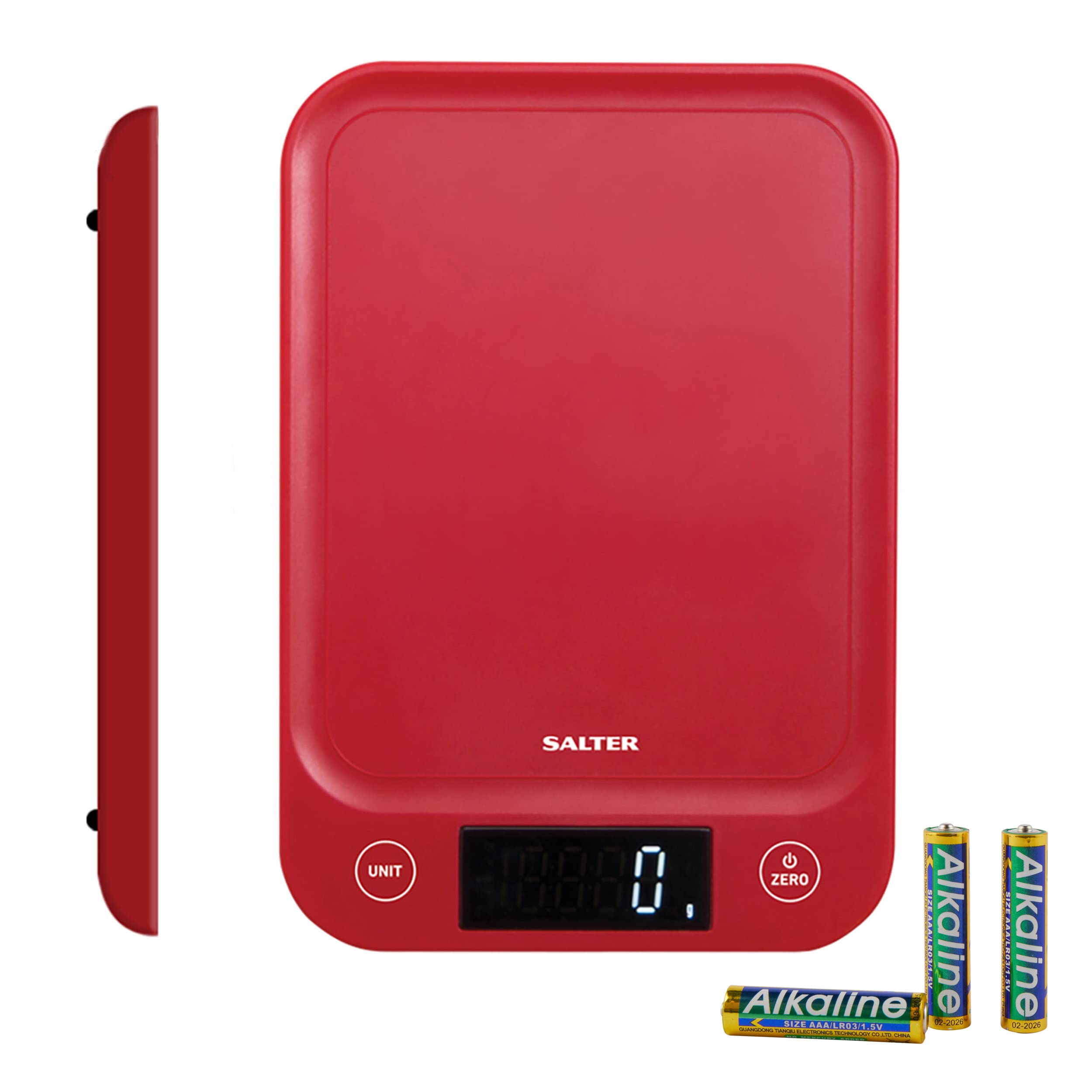 Salter Digital Kitchen Scale, Electronic Food Weighing Upto 5kg, Slim Design, Cooking Scale Home Appliance, LCD Display, Add & Weigh Multiple Ingredients Together, Compact Storage, Easy To Clean, Red