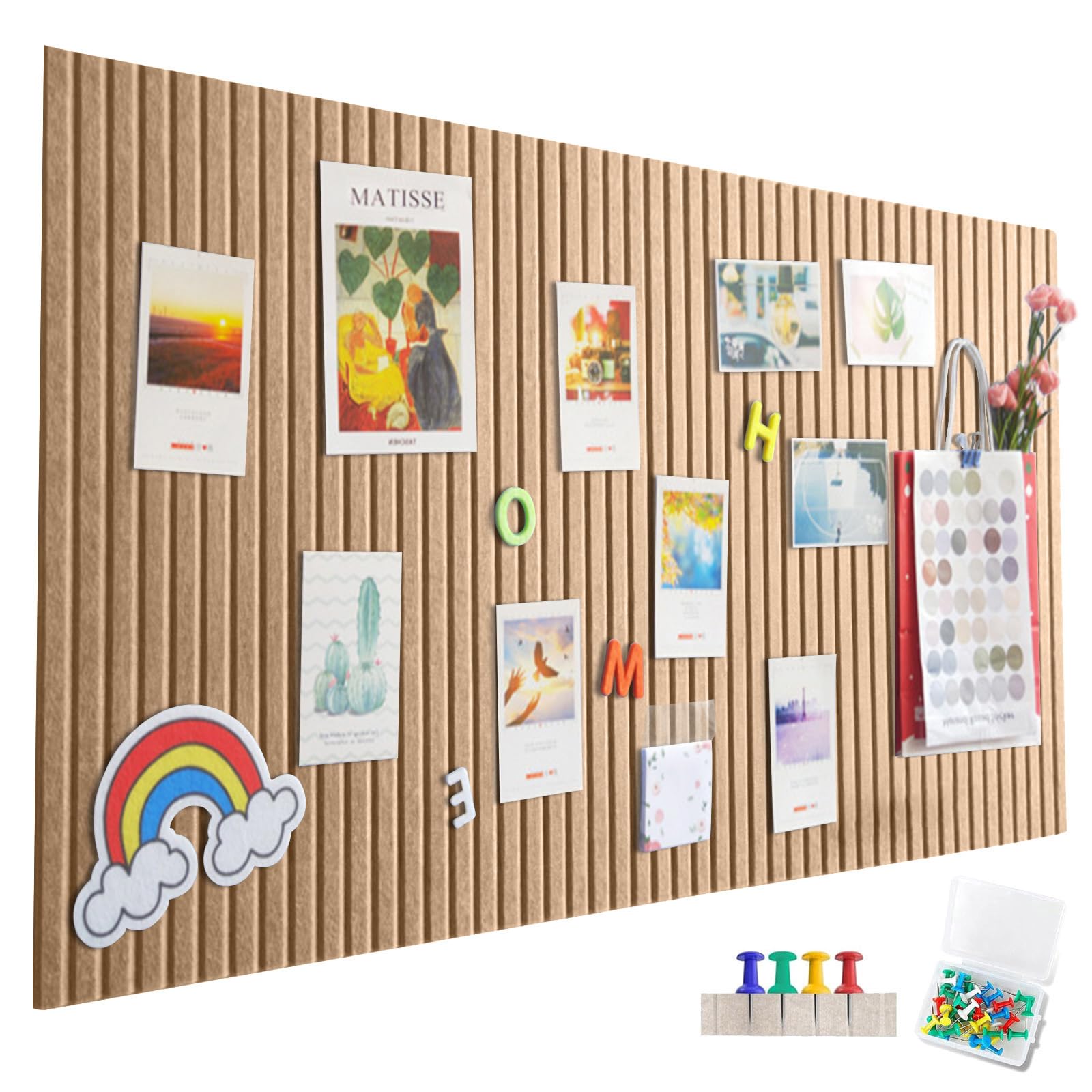 Large Felt Notice Board, Self-Adhesive, 90 x 60 cm, Felt Board, Vertical Stripes, Decorative Notice Board, Foldable Photo Board, Memo Boards, Bulletin Board for Office, Kitchen, Longan, Yellow