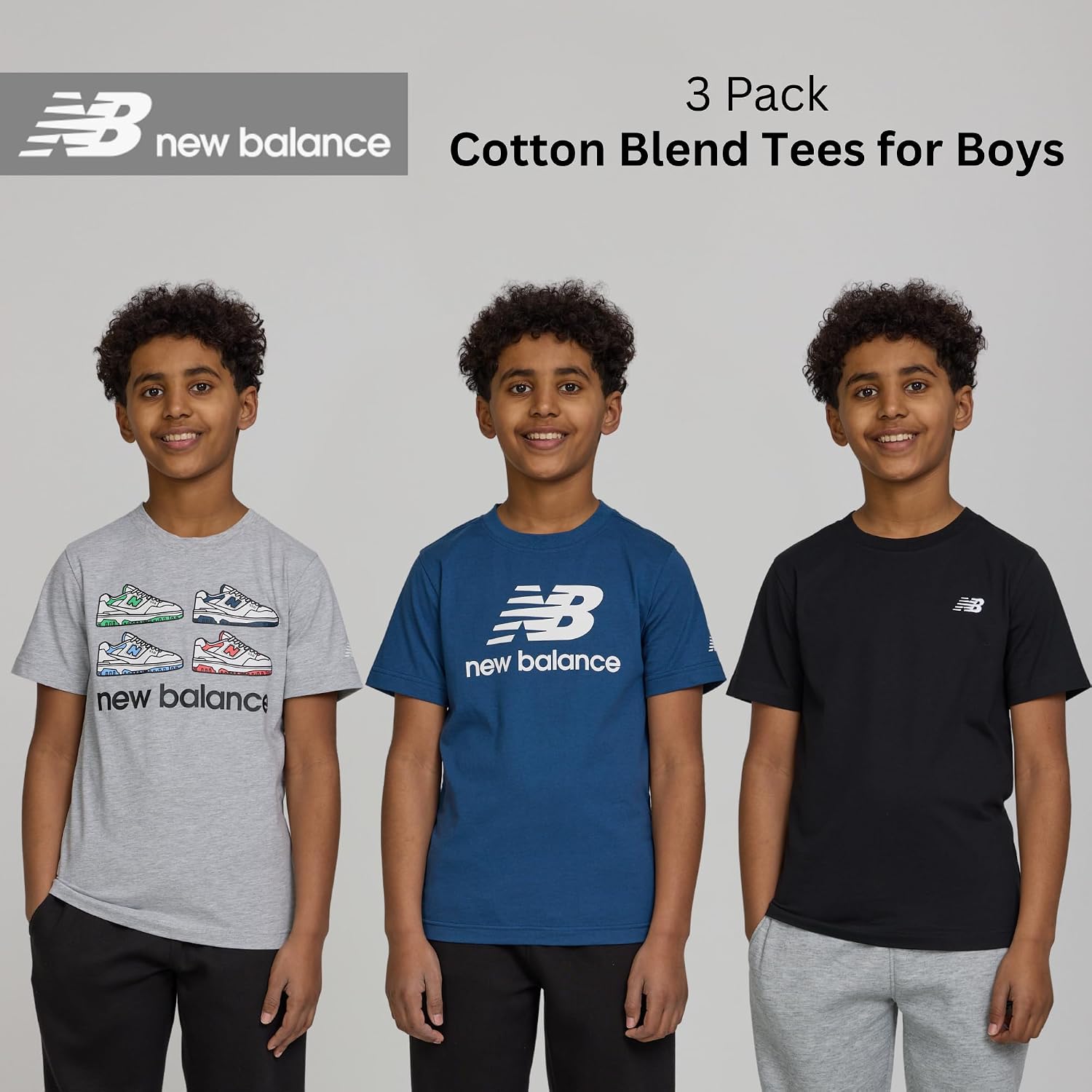 New Balance Boys Graphic Tees 3-Pack, Short Sleeve Cotton Tshits, Size 8-20