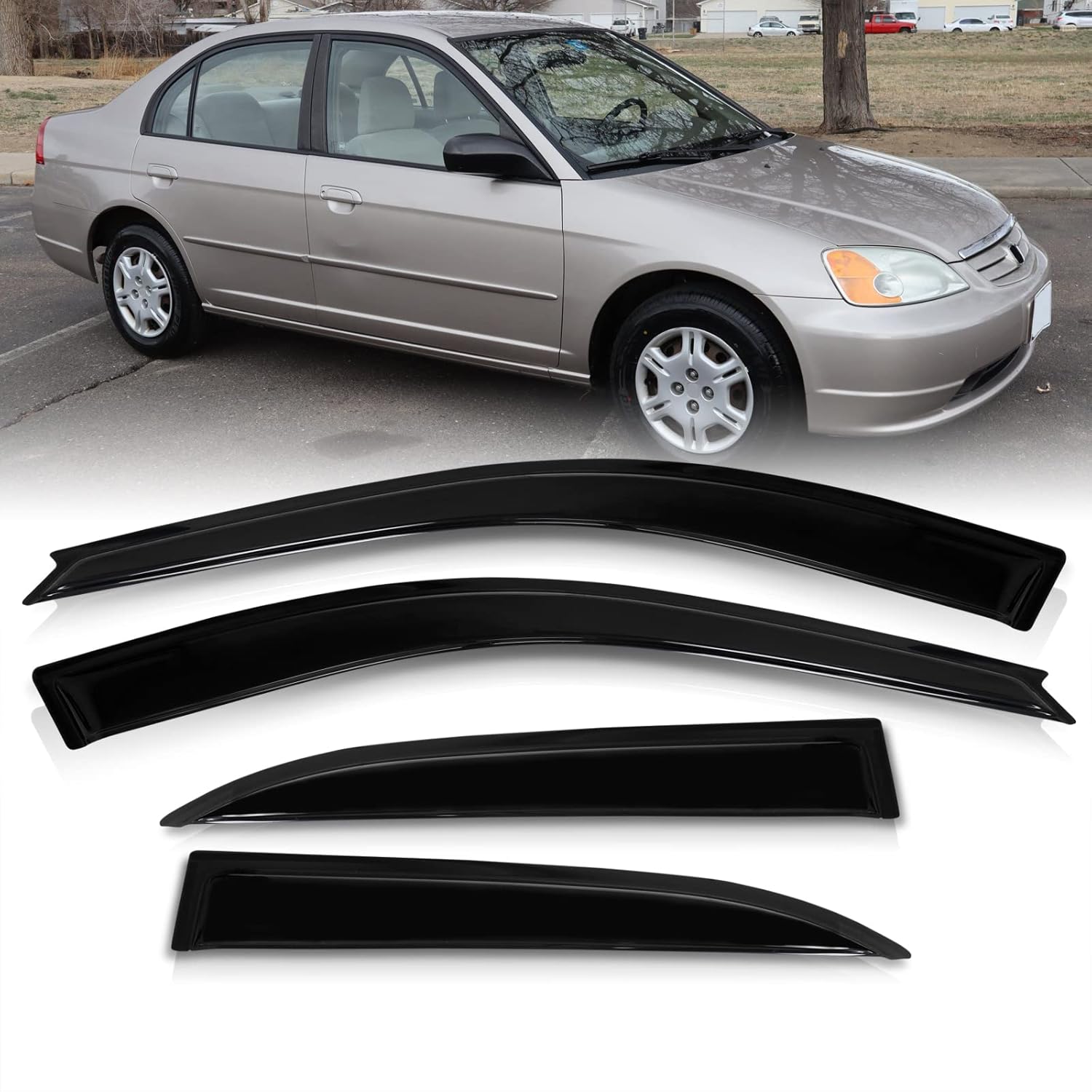 AJP Distributors JDM 4PCS Tape-On Side Window Visors Rain Guard Sun Shade Vent Aero Wind Deflector Shield Compatible/Replacement For Civic ES1 ES2 4 Door Sedan 2001 2002 2003 2004 2005 01 02 03 04 05