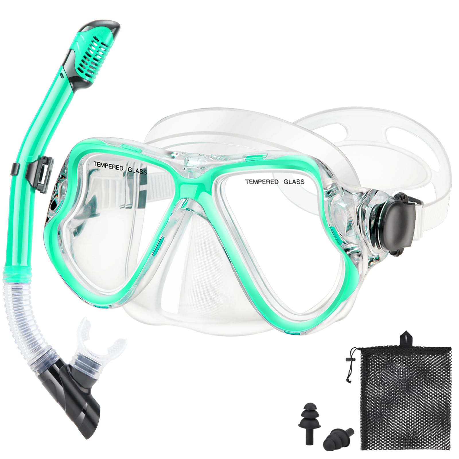 Snorkeling Gear for Adults Kids, Dry Snorkeling Set, Panoramic Anti-Leak and Anti-Fog Tempered Glass Lens, Adjustable Strap Snorkel Set with Mesh Bag Ear Plug for Snorkeling Scuba Diving Travel