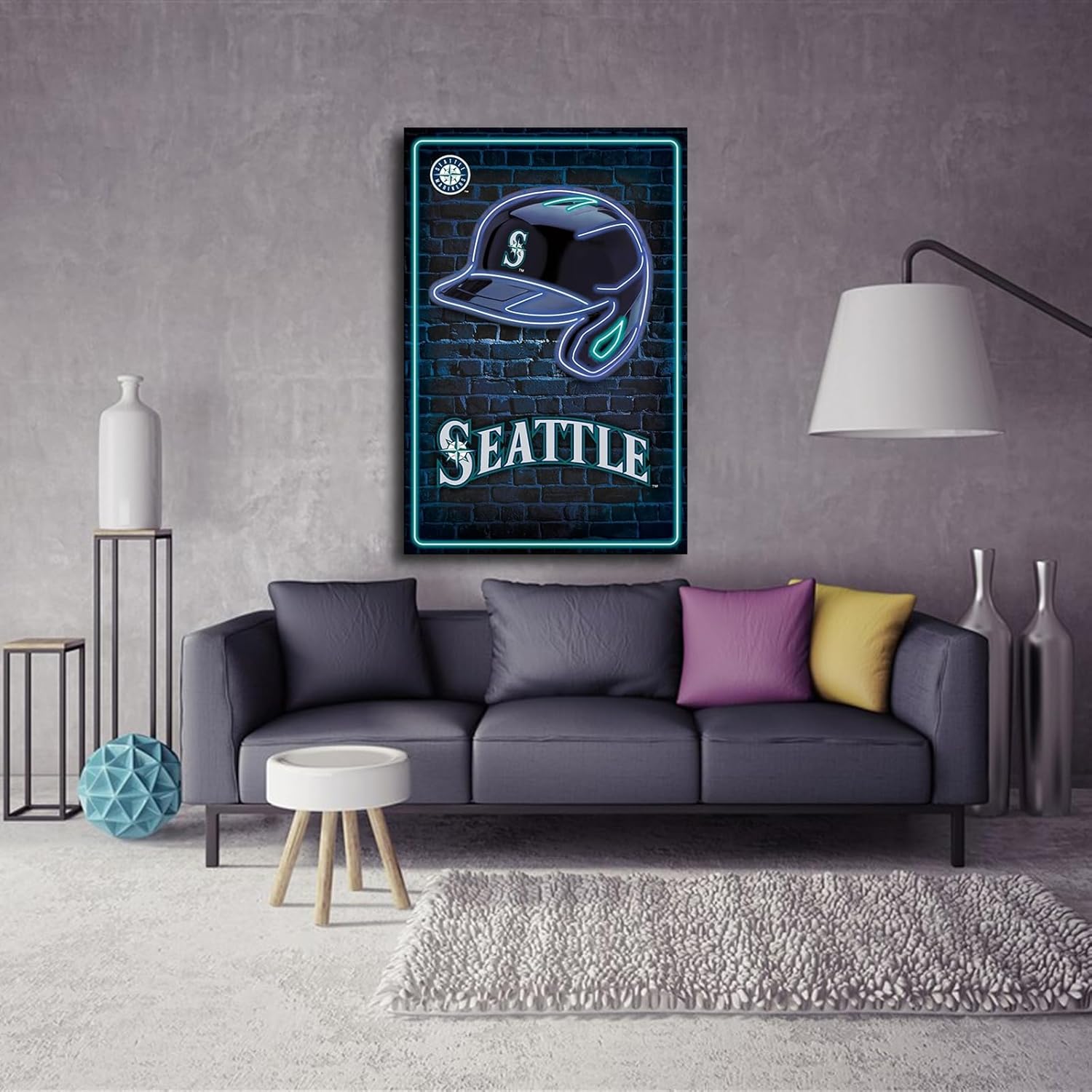 Seattle City Mariners Baseball Poster City Baseball Caps Neon Badge Canvas Mural Pattern Print Artwork Decorative Home Decor Painting (With Frame,16x24inch)
