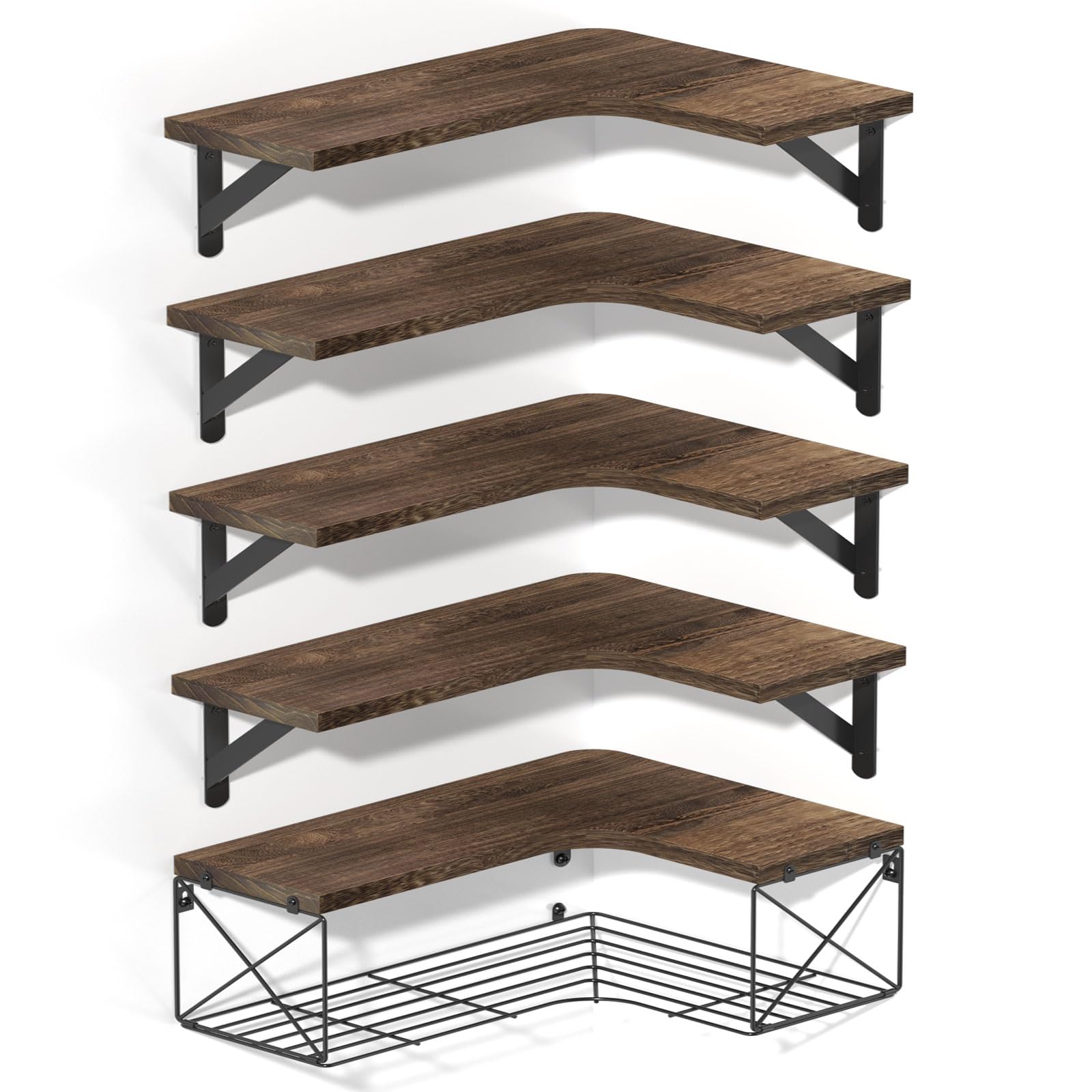 Corner Shelves Wall Mounted, 5+1 Corner Shelf with Wire Storage Basket for Bathroom, Rustic Wood Corner Floating Shelves, R-Angle Corner Shelving for Bedroom/Living Room//Laundry Room, Kitchen