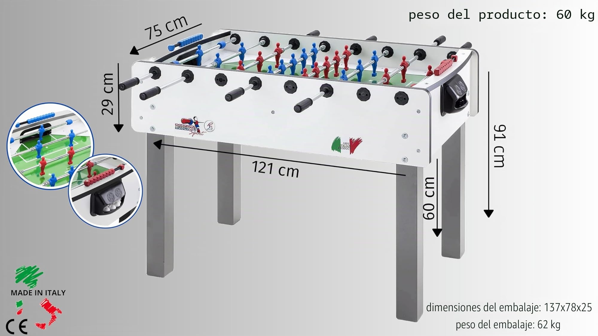 G5 HT SPORT Futbolín Roberto Sport [Made in Italy] Futbolín de mesa con barras reentrantes telescópicas | Campo de cristal templado irrompible | Bolas y spray incluidos