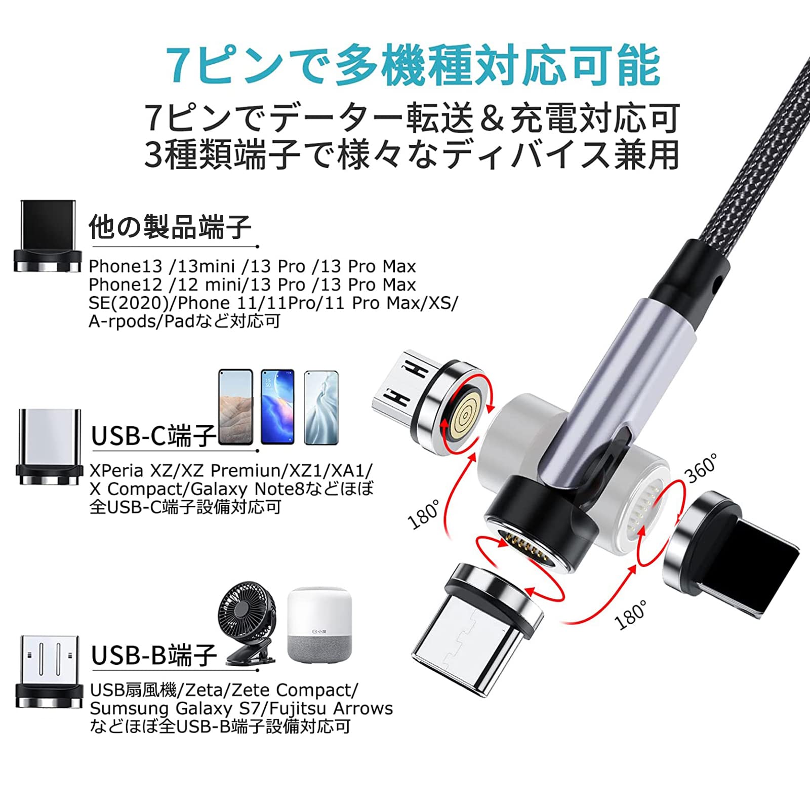 Amazon.co.jp: マグネット-充電ケーブル 7ピン 3A急速充電+