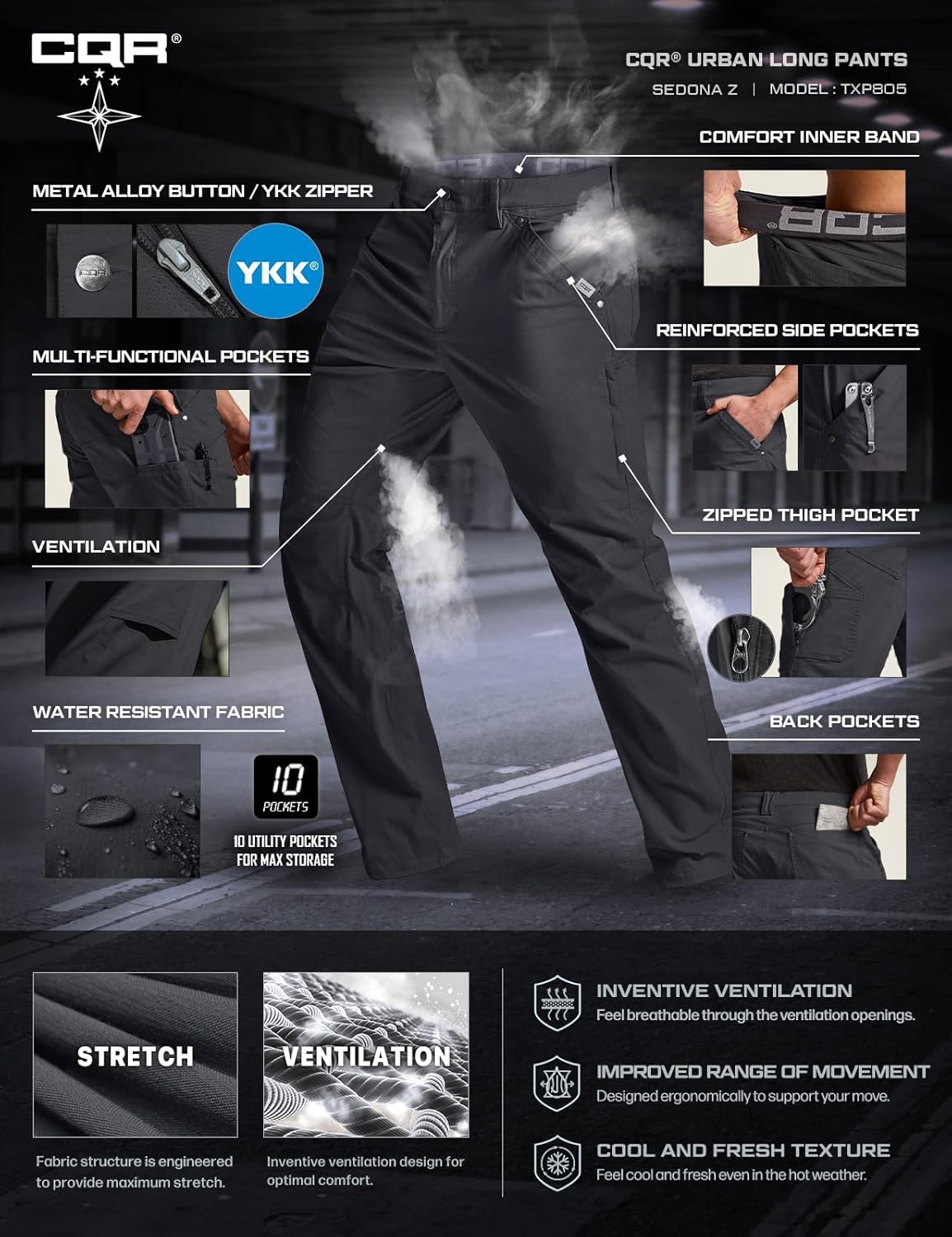 CQR Men's Vent Stretch Pants, Quick Dry Lightweight Casual Cargo Pants, Water Resistant Straight-Fit Utility Work Pants - Image 7