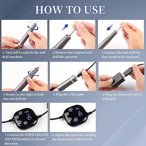 Miniatura 5 de Taladro de uñas eléctrico profesional, portátil, 40,000 rpm, súper bajo ruido, baja vibración, máquina de uñas USB, lima de uñas para uñas de gel