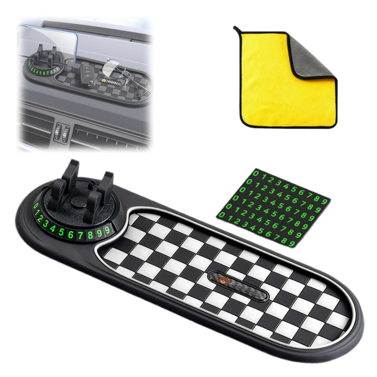 Tapis Antidérapant Multifonction Pour Tableau De Bord Voiture – Support Téléphone Rotatif 360° Avec Plaque De Stationnement Intégrée