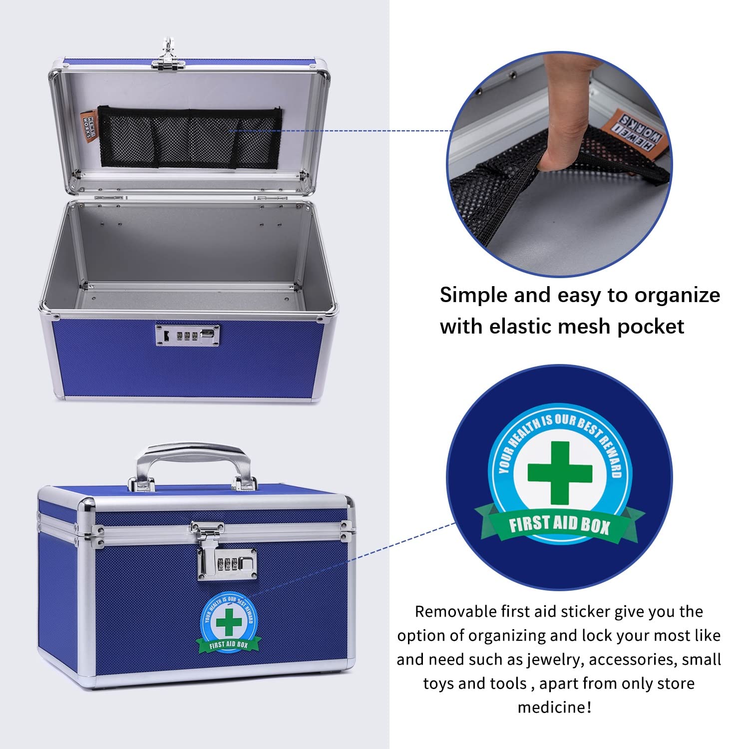 Caja médica segura para niños, 31,0 x 18,3 x 19,3 cm, caja medicamentosa con cerradura combinada, caja de medicamentos, botiquín médico incluido en pequeño pastillero (azul/medio)
