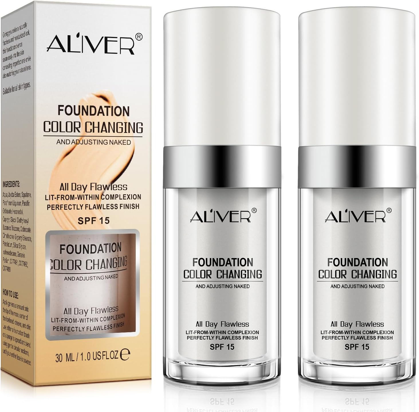 2PC Colour Changing and Moisturizing Foundation, Flawless Colour Changing Warm Skin Tone Foundation, Waterproof Liquid Foundation,Naturally, Long Lasting for Face Makeup