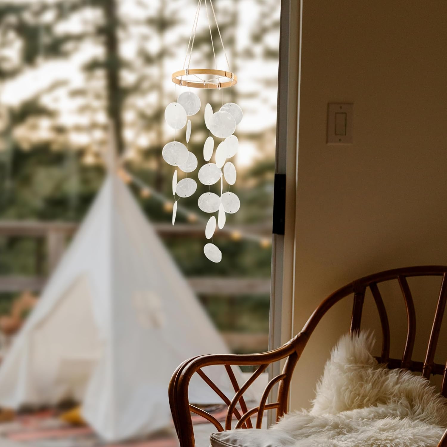 Handmade Capiz Wind Chimes for Outside, Outdoor Seashell Hanging Beach Coast Ocean Home Decorative, Unique Natural Shell Waterfall Windchimes for Summer Patio, Great Memorial Sympathy Gift（White - Image 2