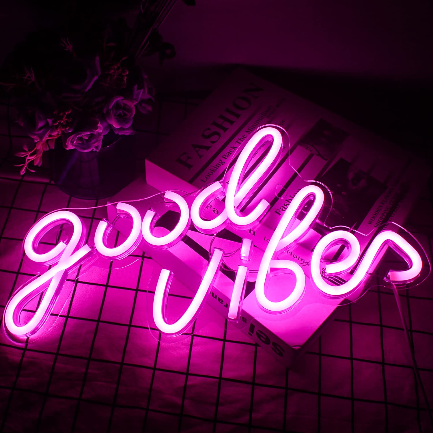Wanxing Rosa Good Vibes Neon Schild,Neon-Wanddekorationsschilder, Echtes Acryl-Neonlicht, 7,9"x 15,9"USB-LED-Neonschilder für Schlafzimmer,Hausbar,Hochzeitstag,Partygeschenk zum Geburtstag