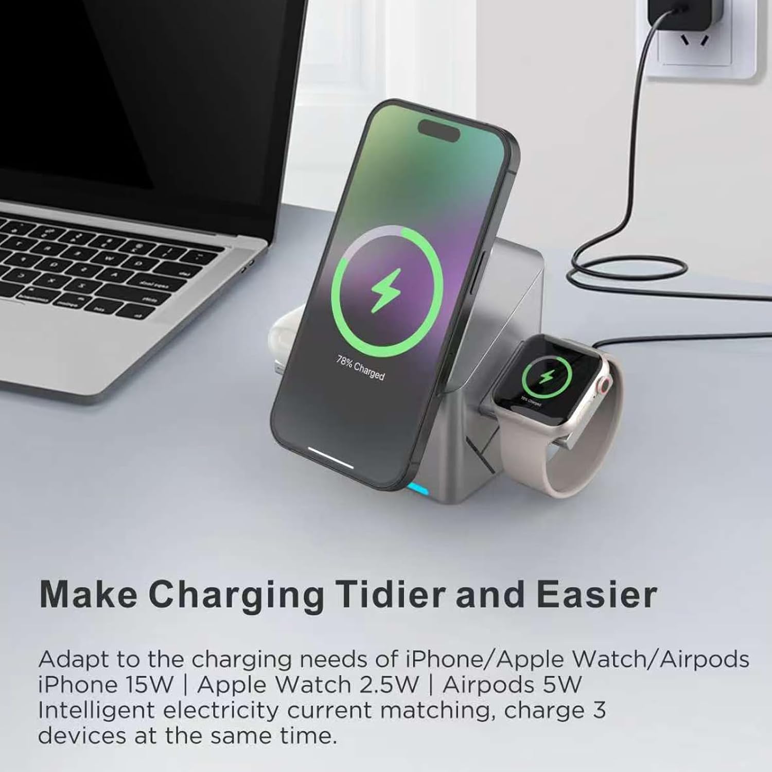 Multiple Device Chargers Auto Rotating 360 Degrees 15W Fast Charging Dock Upgrades for Phone Watch Earbud Charging Stand