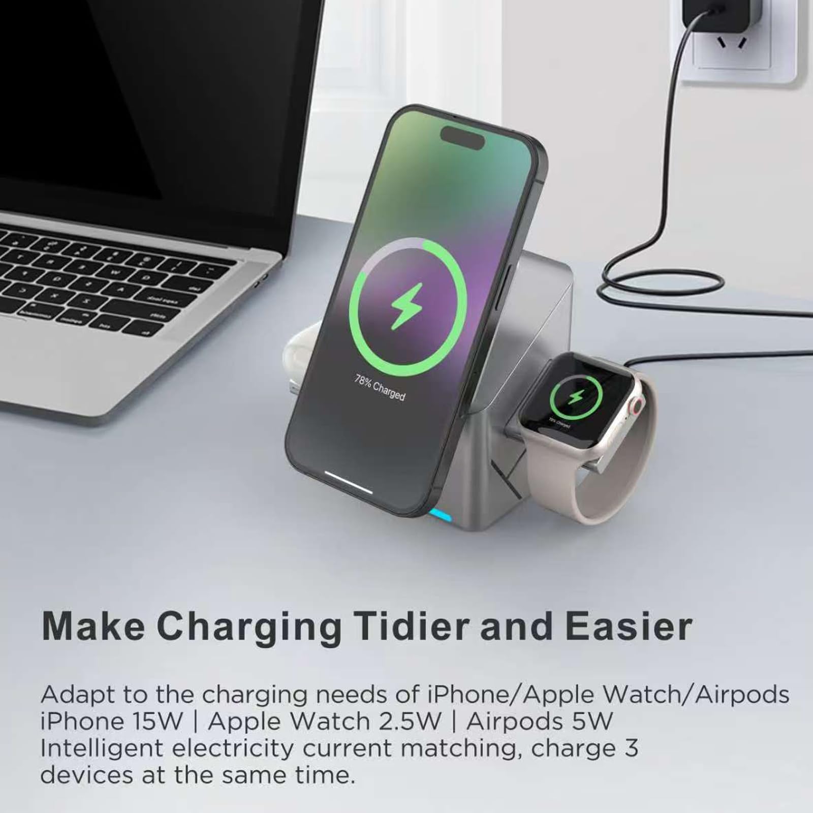 Dock ricarica magnetico Rotazione automatica Ricarica rapida da 15 W Supporto ricarica da tavolo compatibile per telefoni Auricolari Orologi Caricabatterie per telefoni