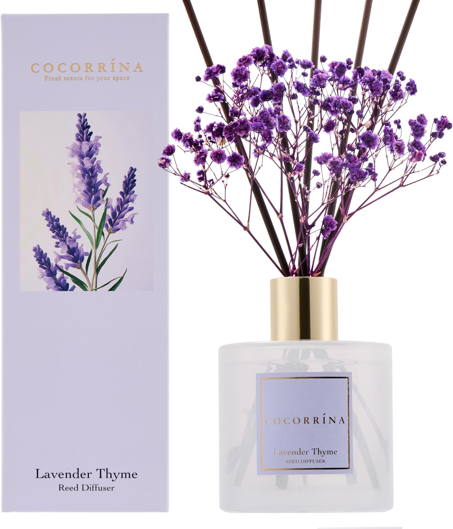 COCORRÍNA Reed Diffuser with 8 Sticks, 200ml Lavender Thyme Scented Diffuser, Home Fragrance for Bedroom Bathroom Living Room, Home & Office Decor