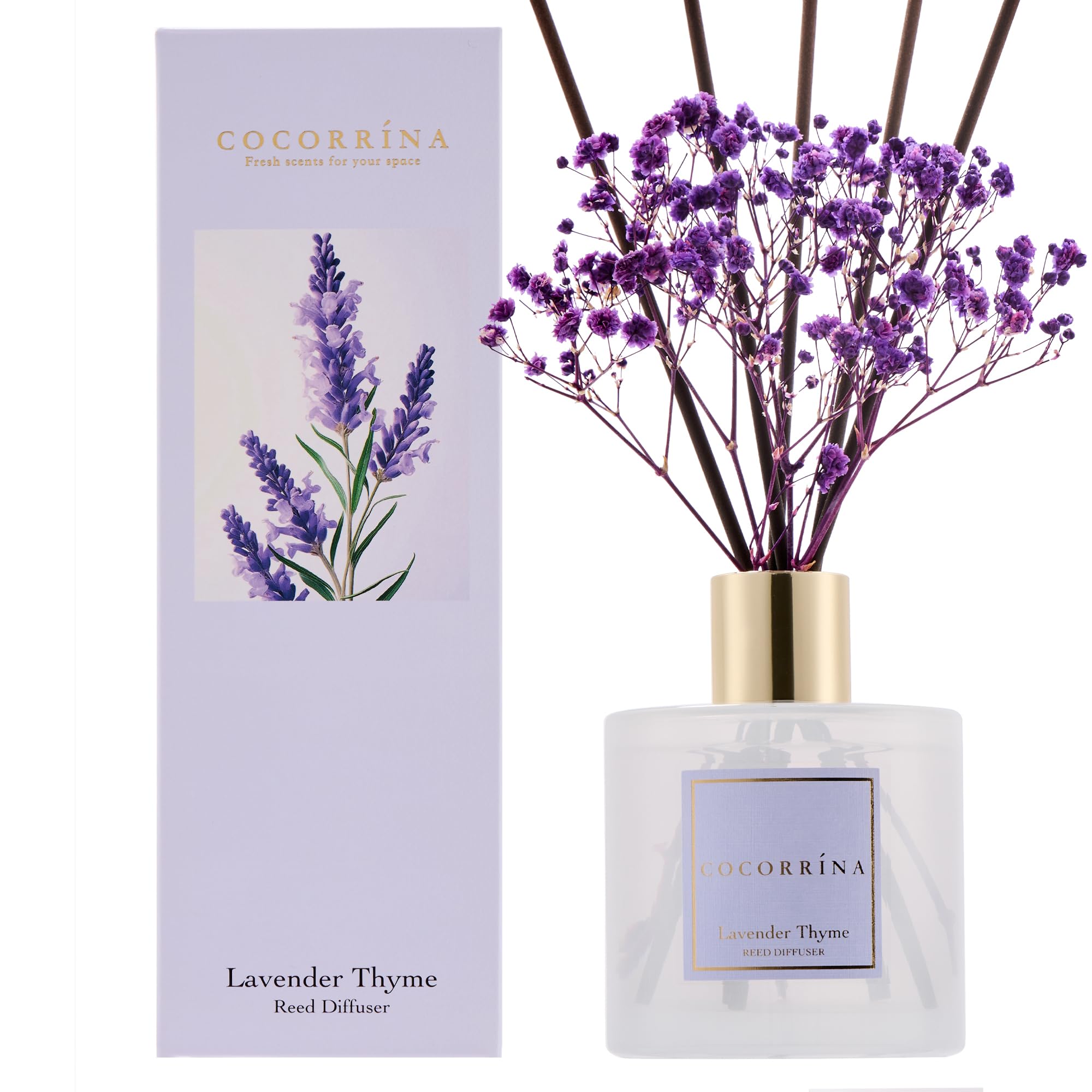 COCORRÍNA Reed Diffuser with 8 Sticks, 200ml Lavender Thyme Scented Diffuser, Home Fragrance for Bedroom Bathroom Living Room, Home & Office Decor