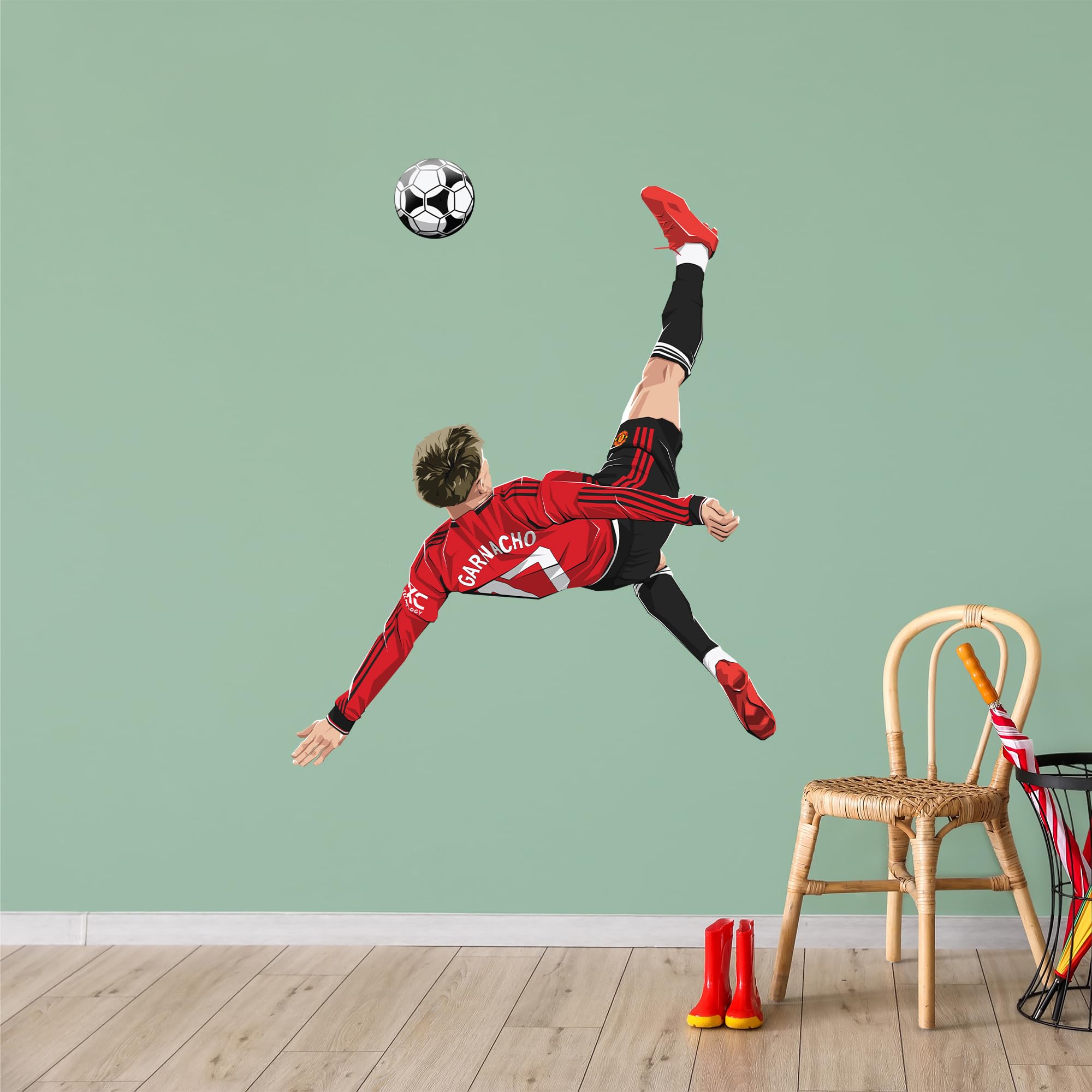 Themed Red Manchester United Fc Wall Sticker - Garnacho Overhead Kick Illustration Decal Art (120Cm Height X 85Cm Width)