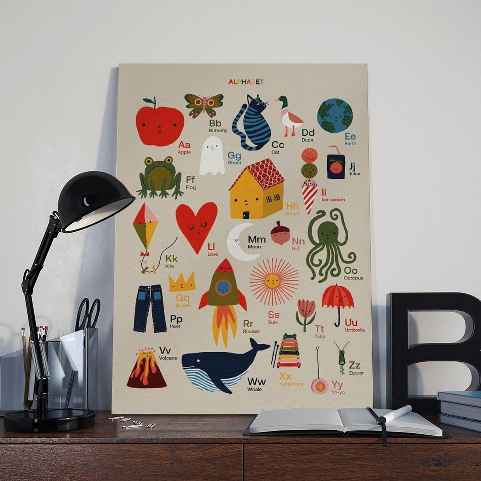 Poster éducatif sur toile avec lettres de l'alphabet illustrées à la main - Décoration murale pour salon, chambre à coucher - 50 x 75 cm