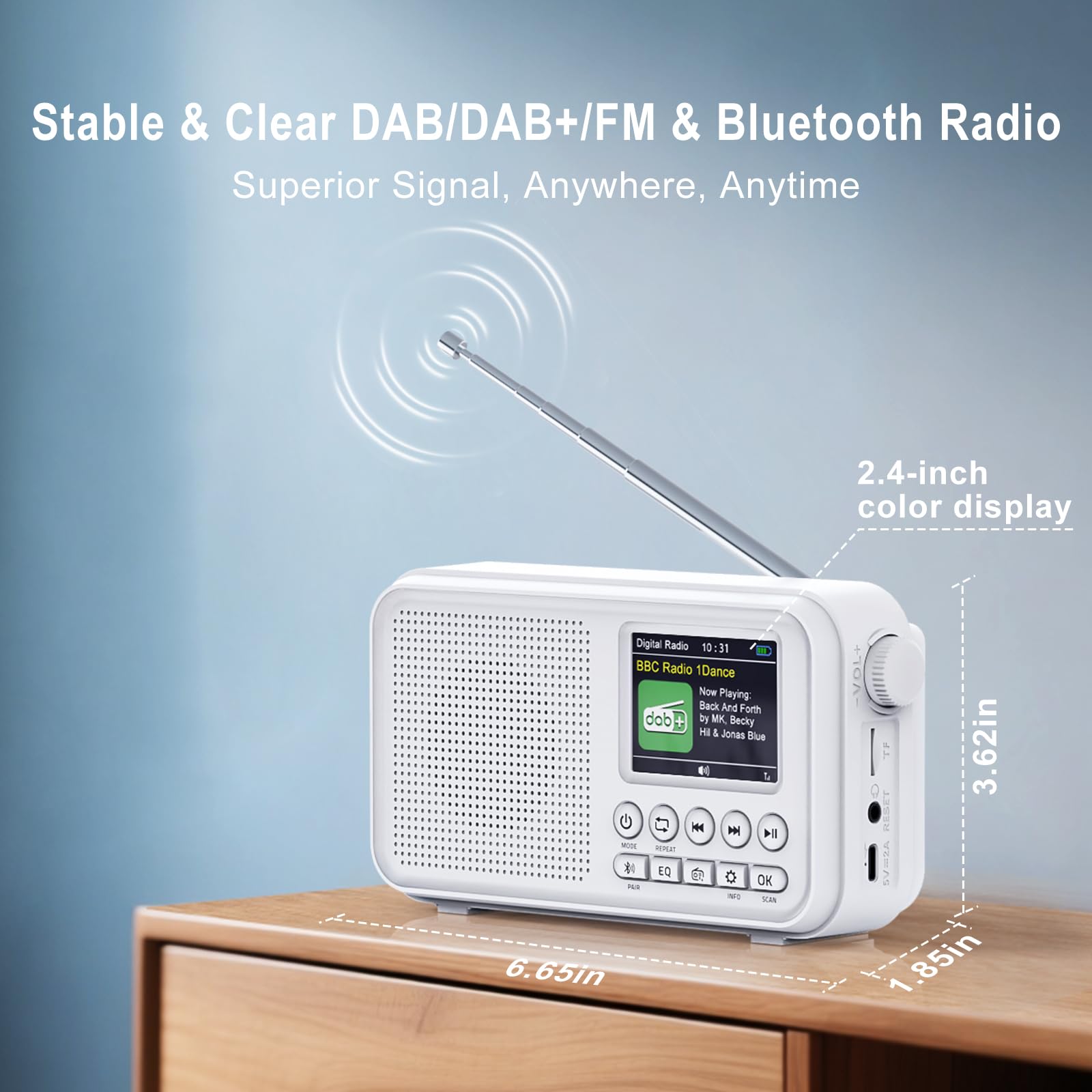 ROCAM Portable DAB/DAB+/FM Radio 3000mAH Rechargeable Battery & Mains Powered, 2.4" Digital DAB Radio with Bluetooth 5.0 & Hi-Fi Speaker, 40 Presets Stations, TF Card Support, Dual Alarms, EQ Modes - 2
