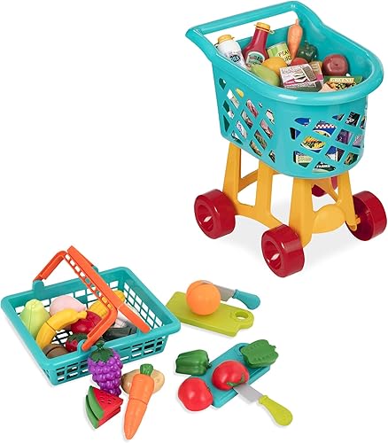 Battat Juego de comestibles de lujo - Comida de juguete para niños pequeños - Juguete de carrito de compras - Más de 20 artículos de comida de