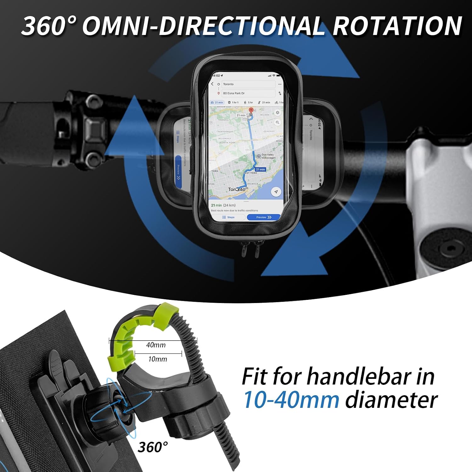 CNMTCCO Waterproof Phone Holder, Bicycle Handlebar Frame, Phone Holder for Bike Mountain Bike Scooter Motorcycle with Rain Cover Rotation 360 Touch Screen for 7 Inch Smartphone image 3