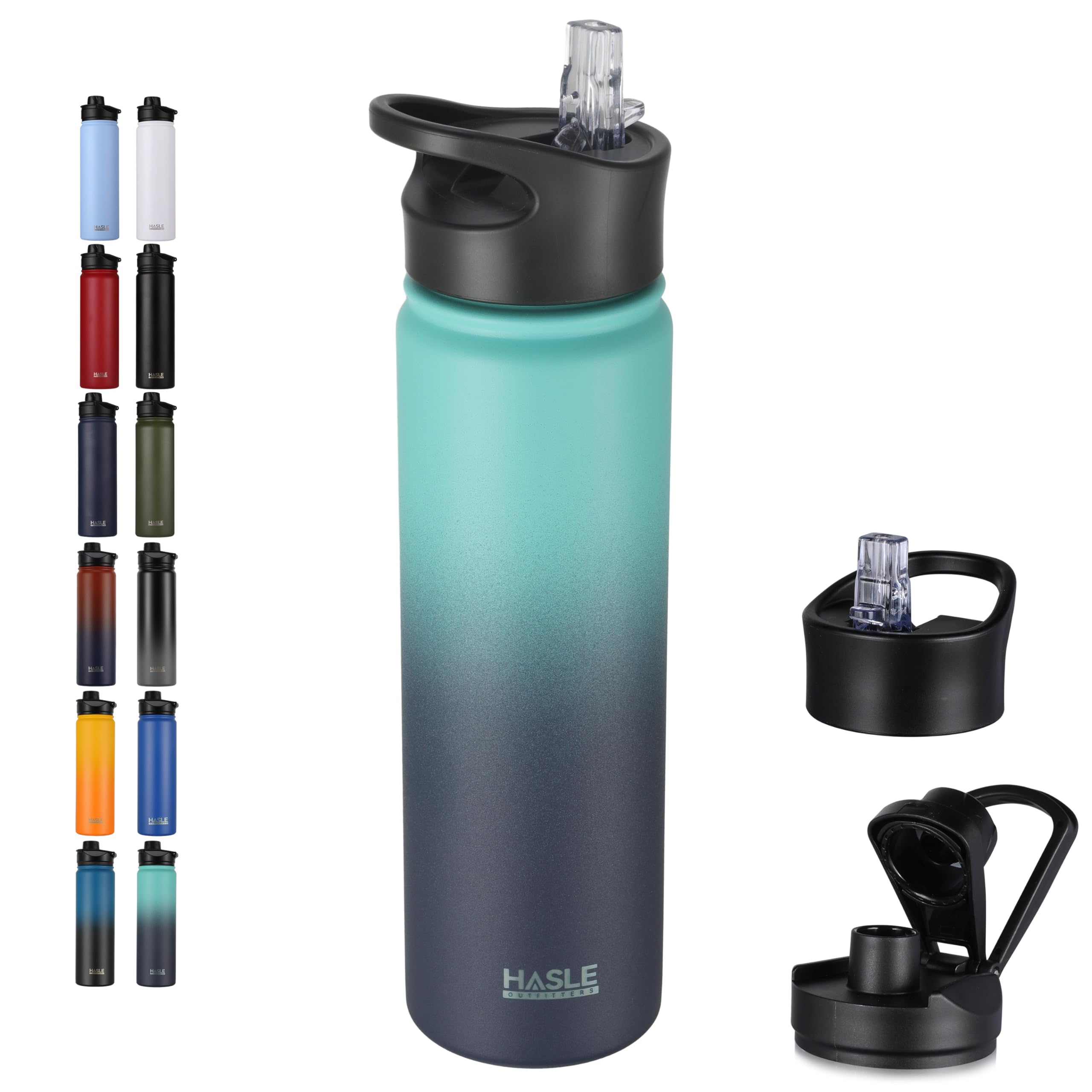 HASLE OUTFITTERS Insulated Water Bottle 22 oz Double Wall Stainless Steel Water Bottle Wide Mouth with Straw Lid & Spout Lid Keeps Cold or Hot(Green Blue Gradient,1)