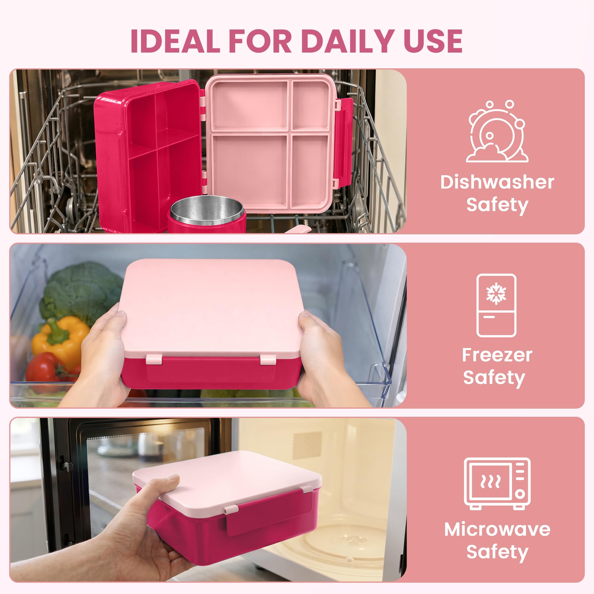 LOHASOK Lonchera Bento con termo de sopa de 8 onzas, recipientes de almuerzo a prueba de fugas con 4 compartimentos, tarro térmico de alimentos calientes y lonchera aislada para la escuela, color rosa