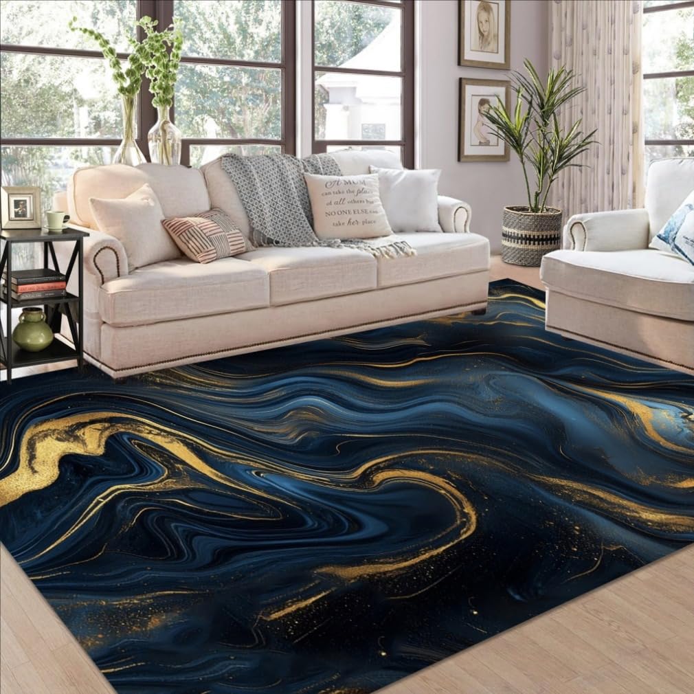 Navy Blue Gold Fluid Gradient Abstract Marble Texture 9x12 Area Rug for Livingroom Bedroom Luxury Ultra Soft No Slip Carpet for Diningroom Art Unique