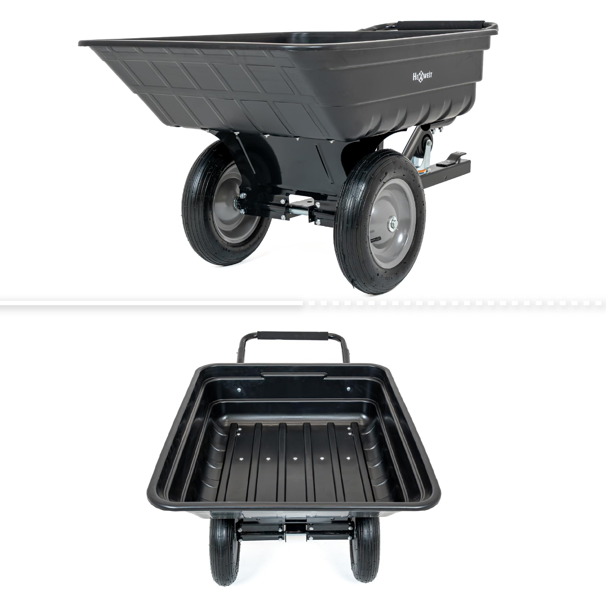 Anhänger für Rasentraktor und Quad 200 kg, Gartenanhänger mit ABS-Wanne 200 L, Transportanhänger für Holz, Erde, Laub und Gartengeräte, leichte robuste Gartenkarre, 130 x 77 x 65 cm