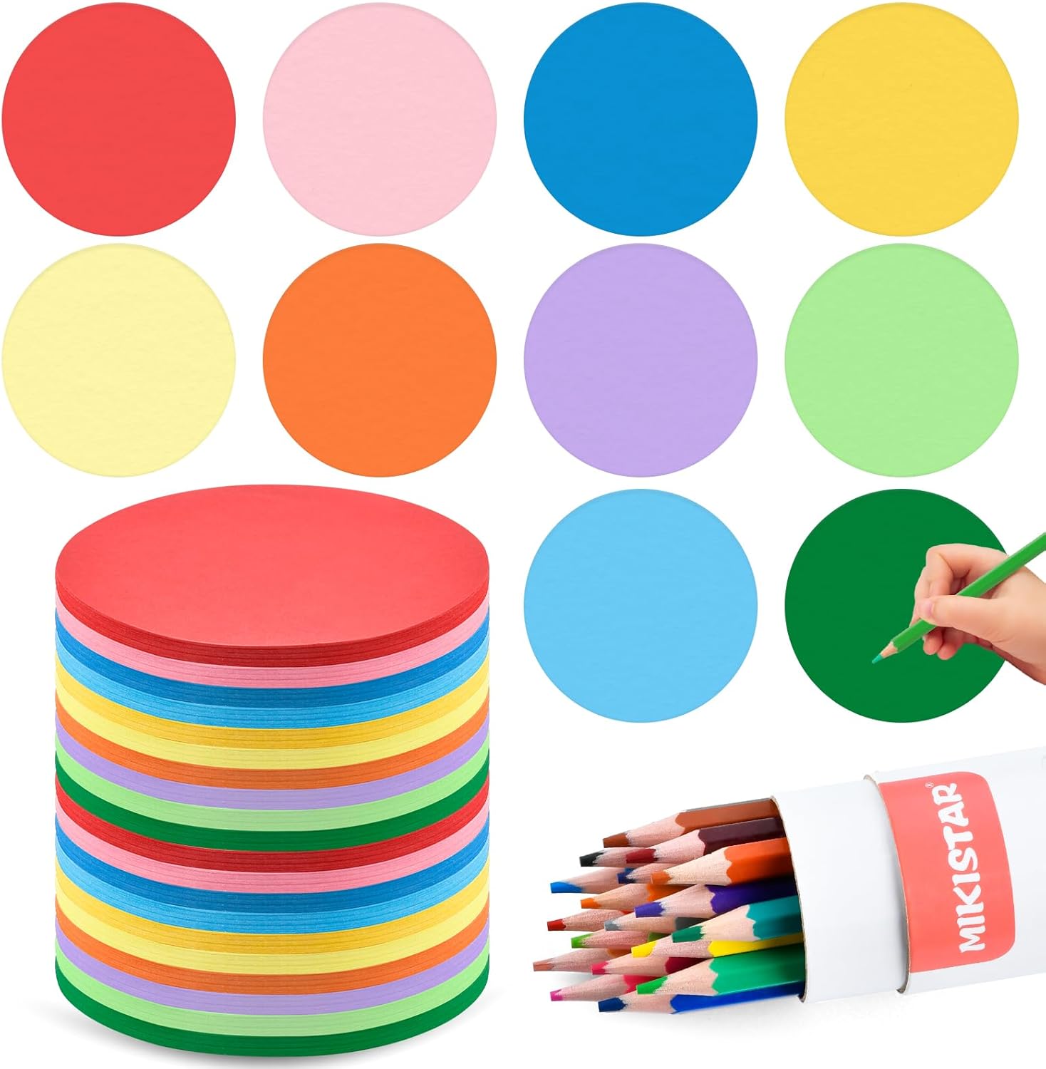 1000Pcs Round Cutouts Paper, 3.9 Inch Assorted Color Circles Paper with 18pcs Colorful Pencil, Back to School Classroom Bulletin Board Decor Cut-Out Accents Die Cuts for DIY Craft Project